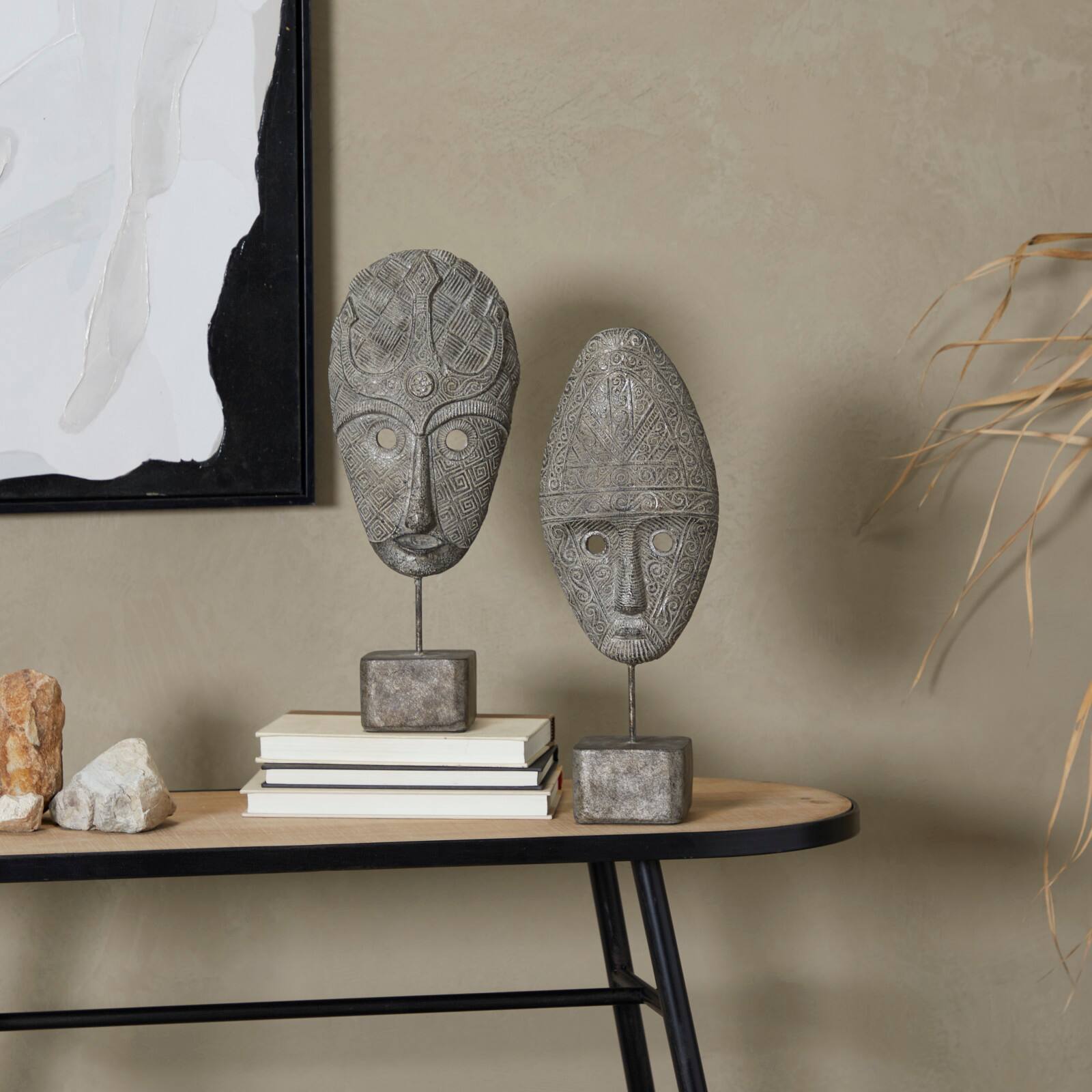 Gray Polystone Handmade Carved Mask Sculpture Set