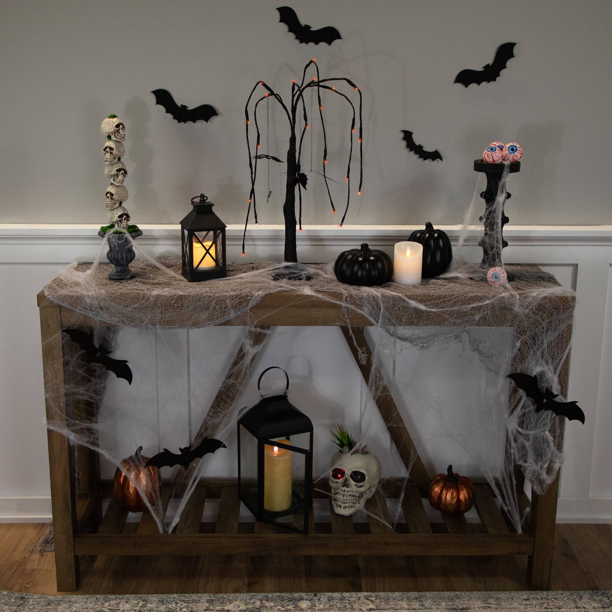 24" LED Lighted Black Glittered Halloween Willow Tree with Bats