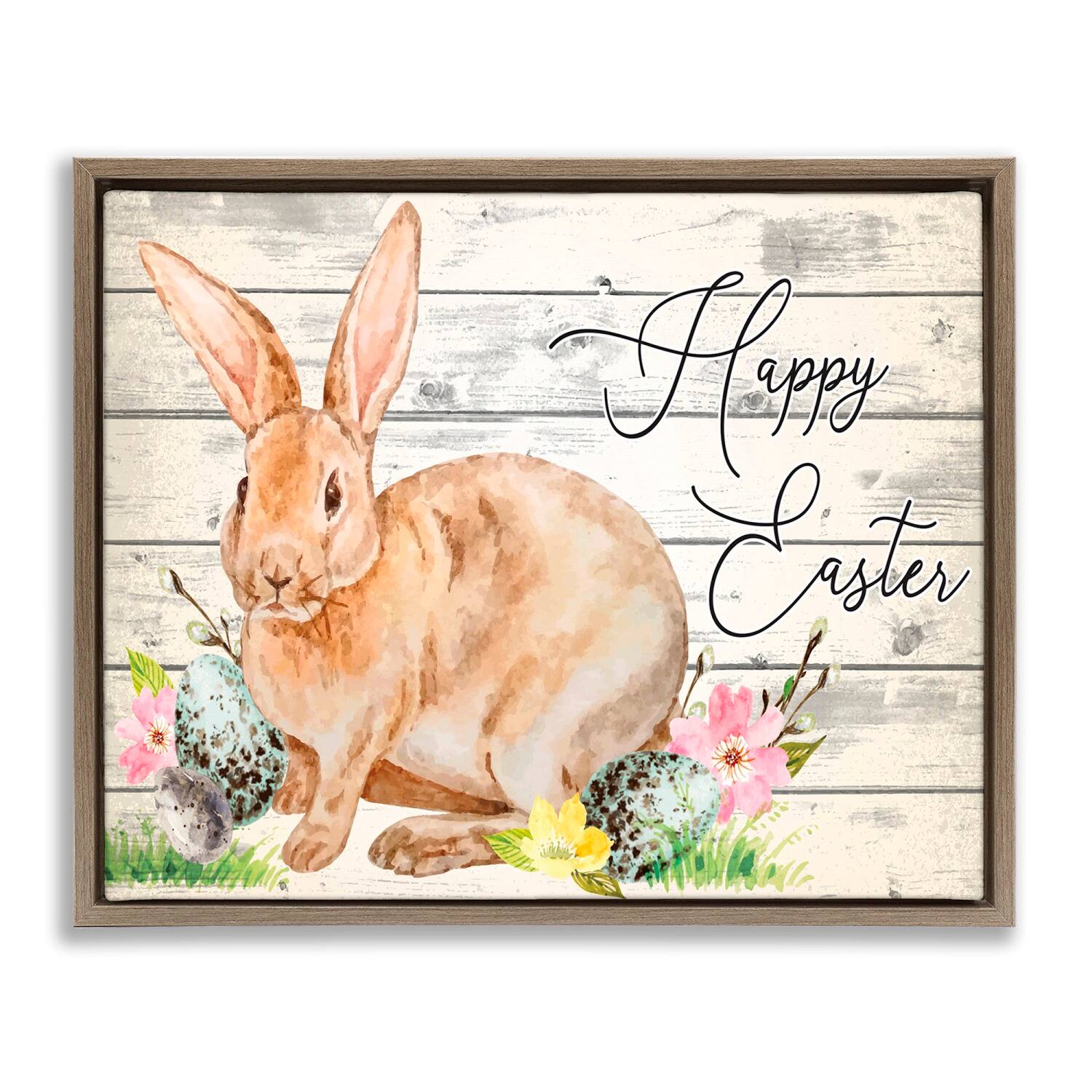 Stupell Industries Spring Floral Happy Easter Bunny Floater Framed Art