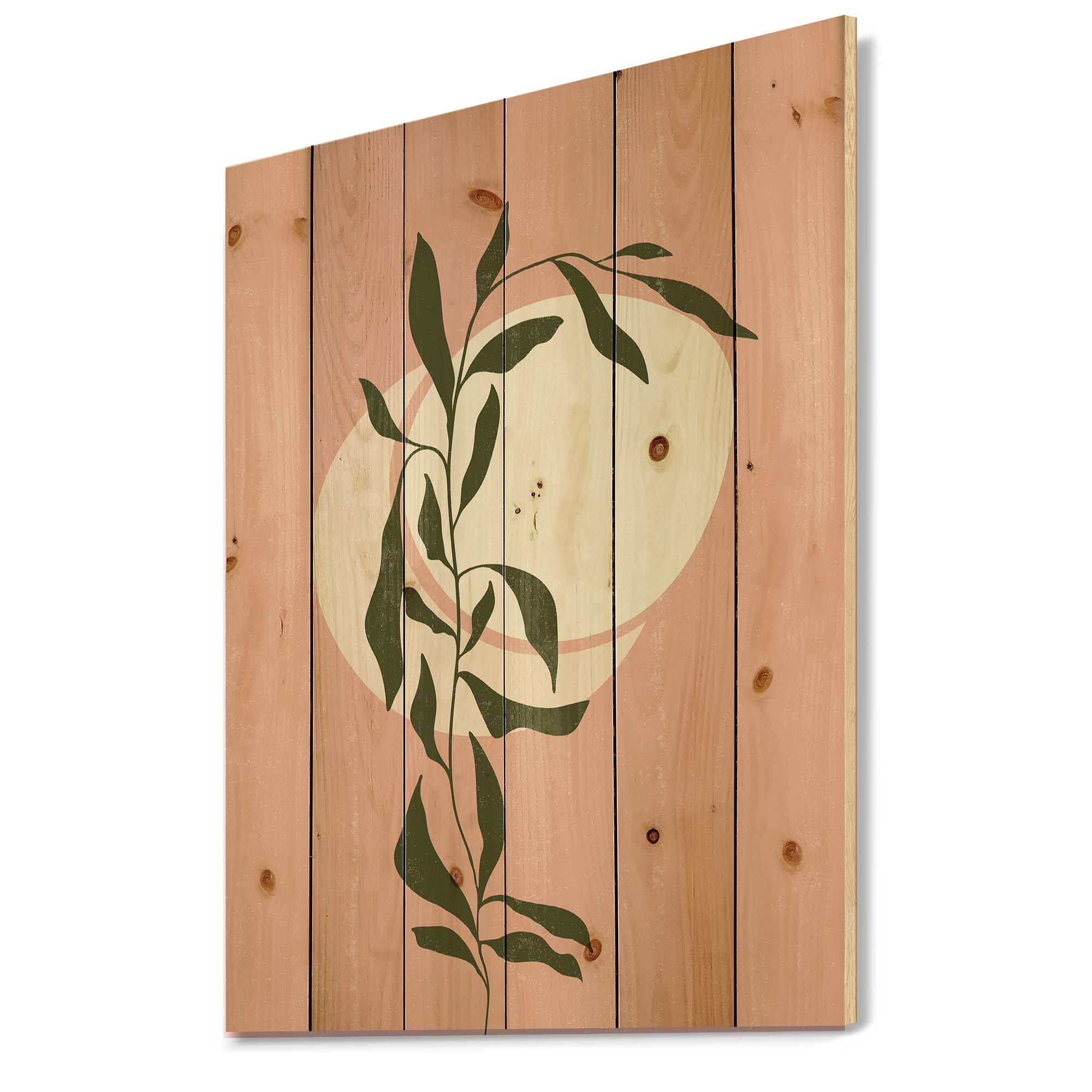 Designart - Abstract Geometrical Sun and Moon With Leaf VI - Modern Print on Natural Pine Wood