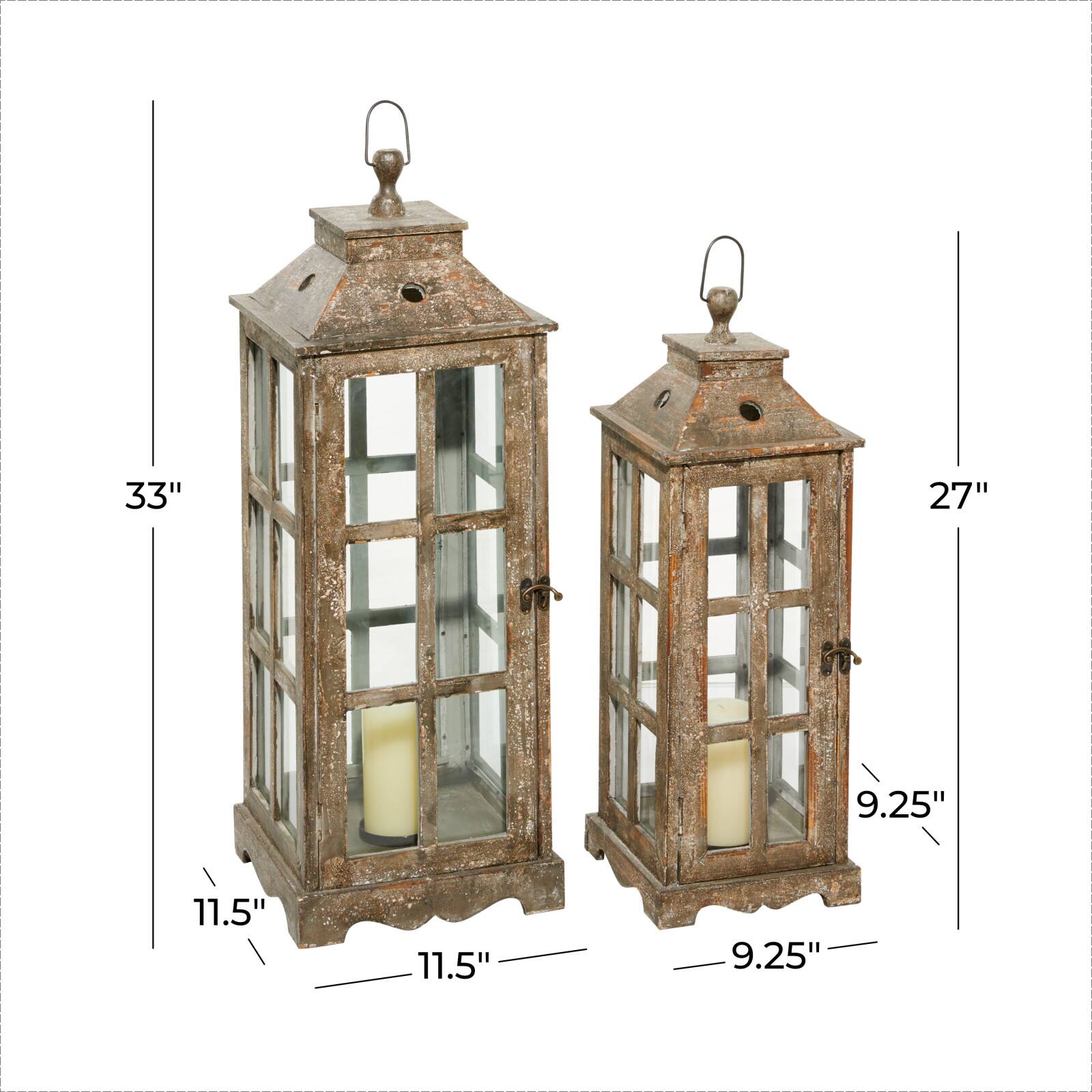Set of 2&#x22; Brown Wood Rustic Lantern, 33&#x22;, 27&#x22;