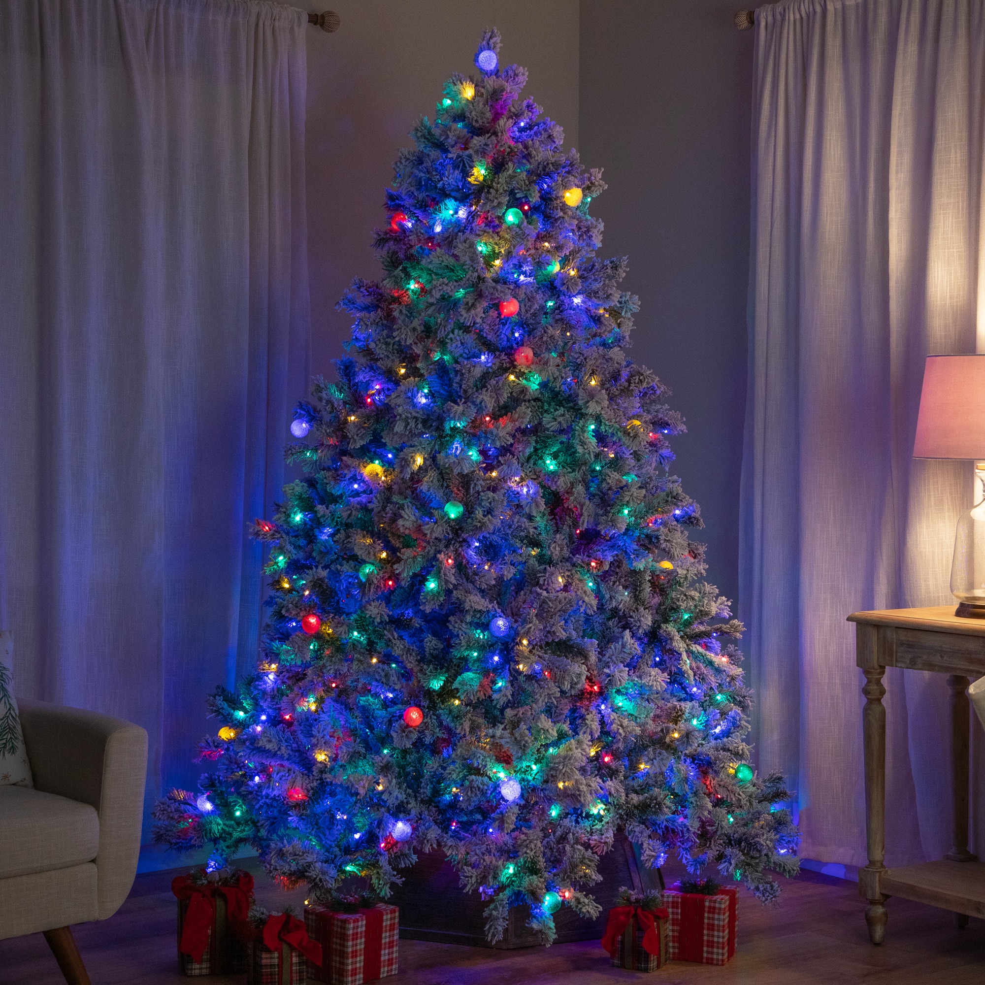 7.5ft. Pre-Lit Flocked Glacier Pine Artificial Christmas Tree, Multicolor LED Lights