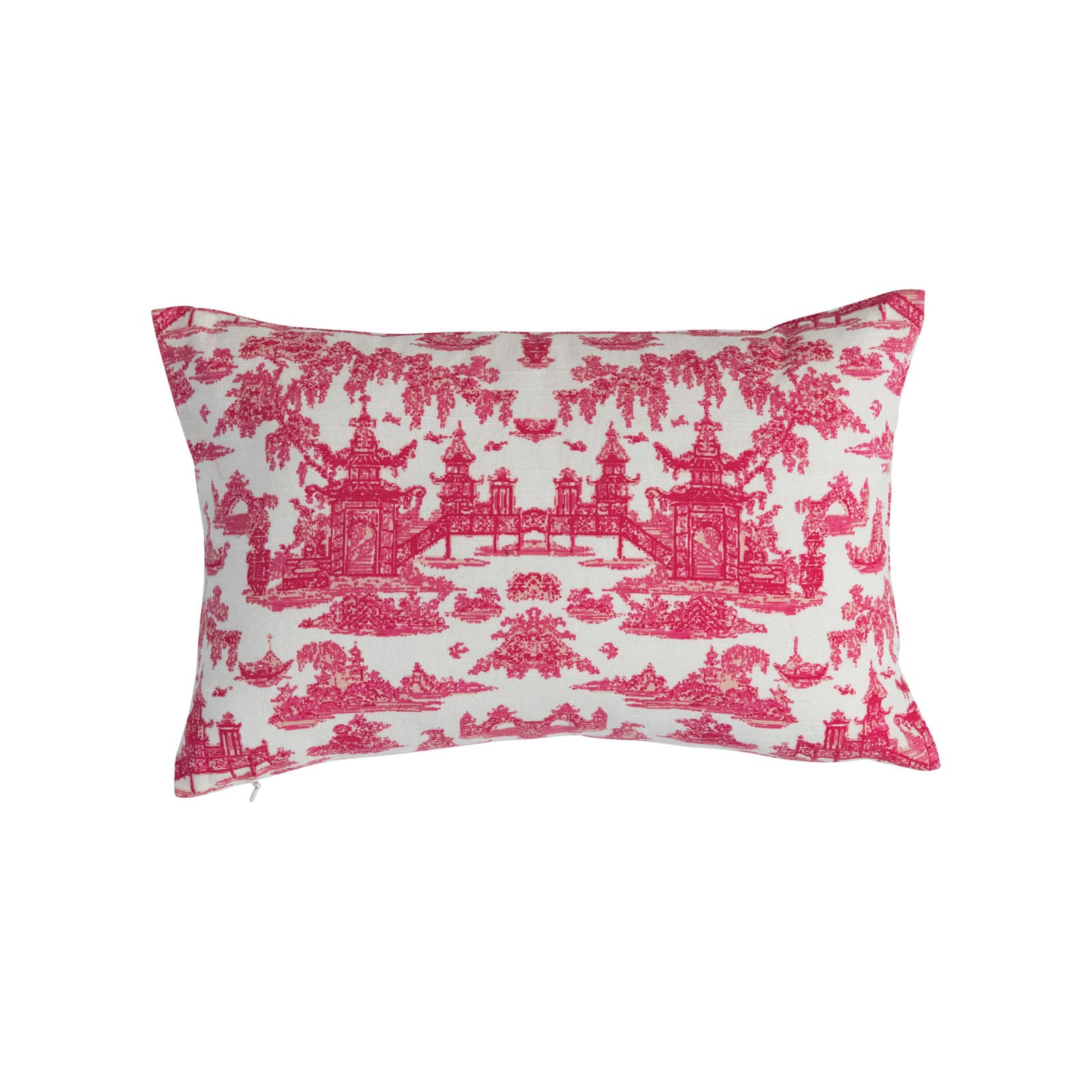 14&#x22; Red &#x26; White Cotton Lumbar Toile Print Pillow