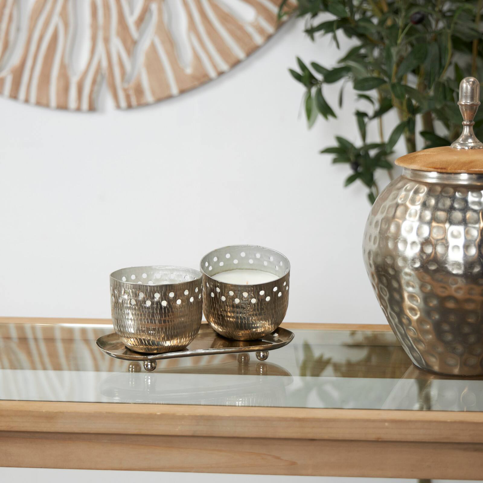 White Wax Vanilla Marshmallow Scented Candle Set with Cutout Spotted Silver Container and Oval Holding Tray