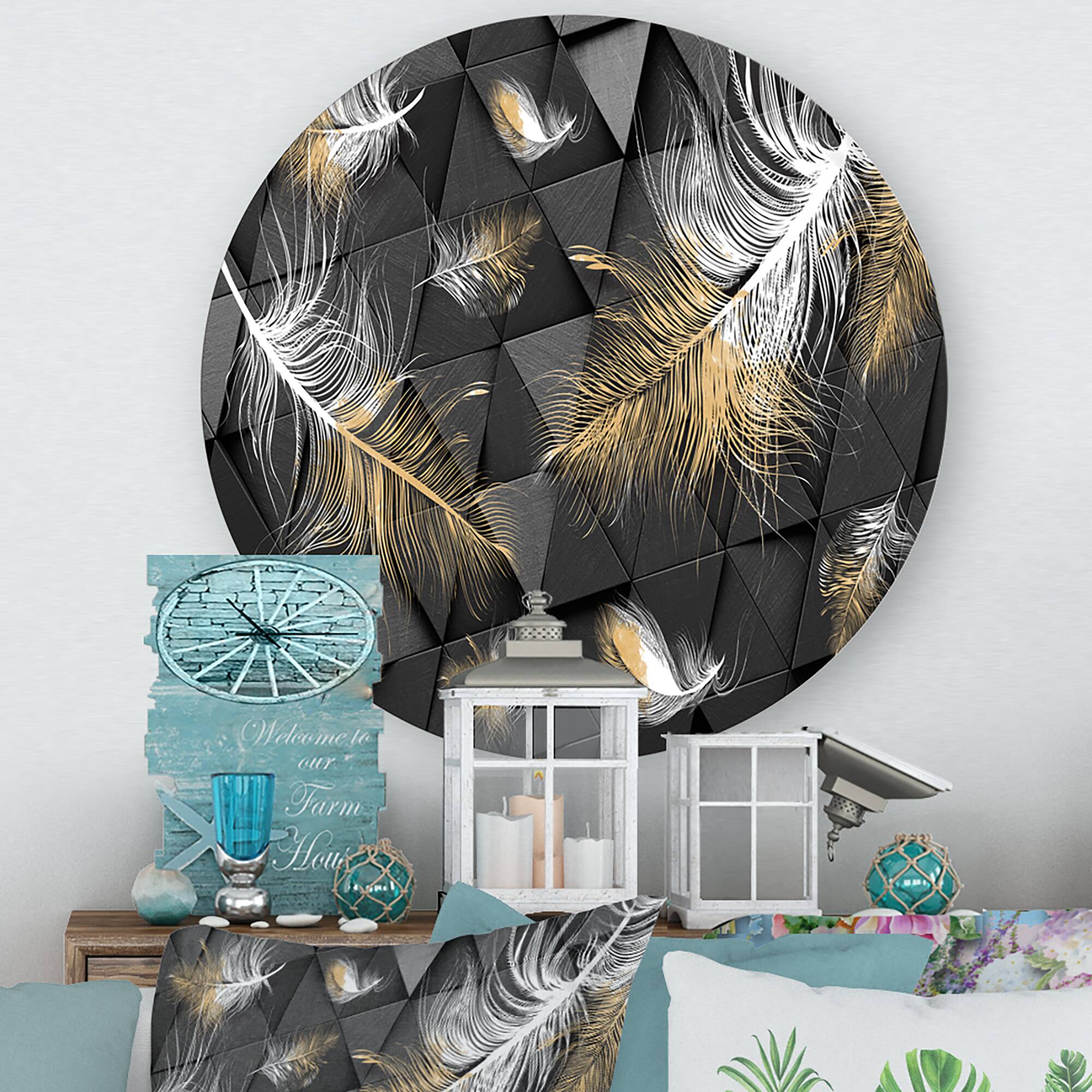 Designart - White and Gold Feathers On Triangular - Modern Metal Circle Wall Art