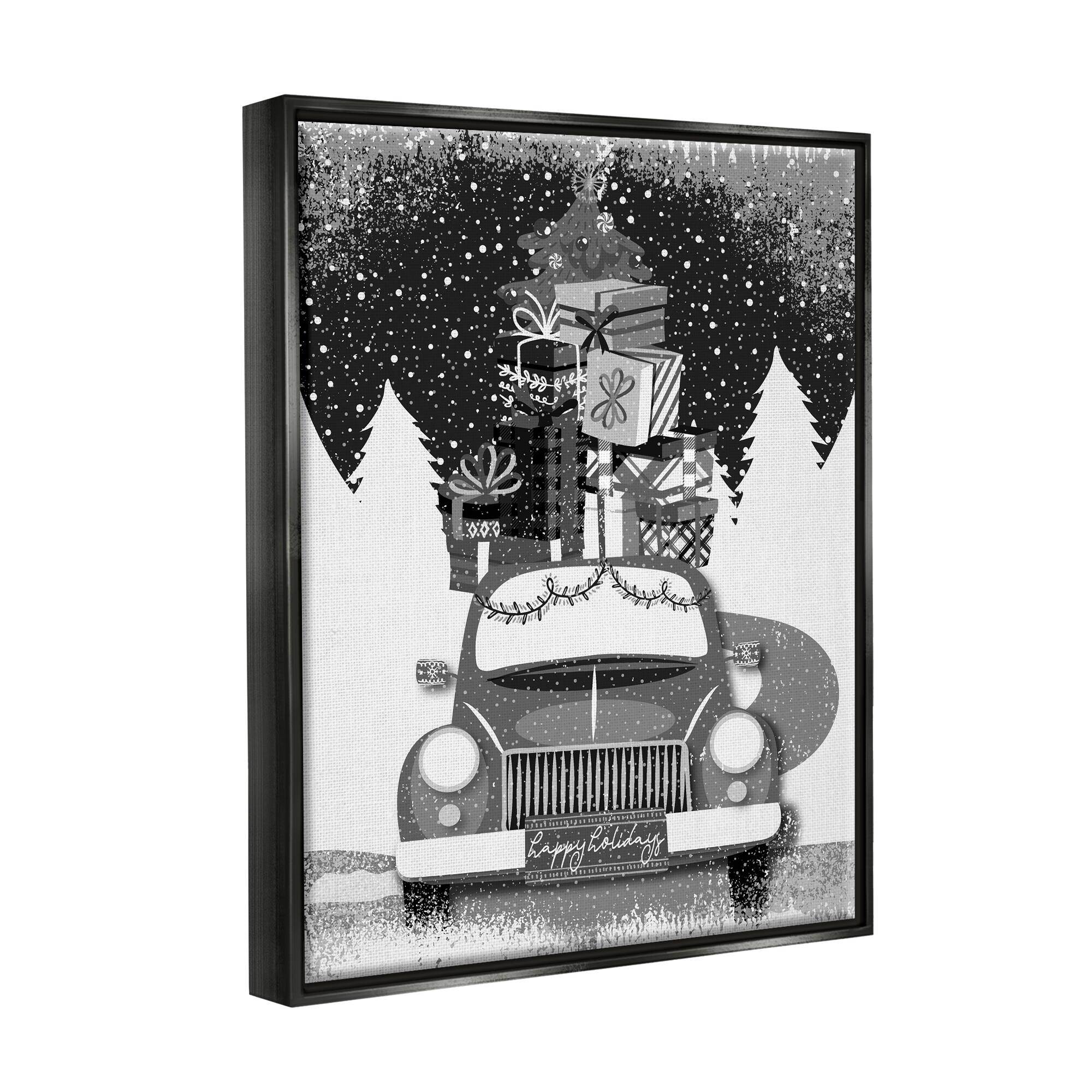 Stupell Industries Happy Holidays Gifts Car Framed Floater Canvas Wall Art