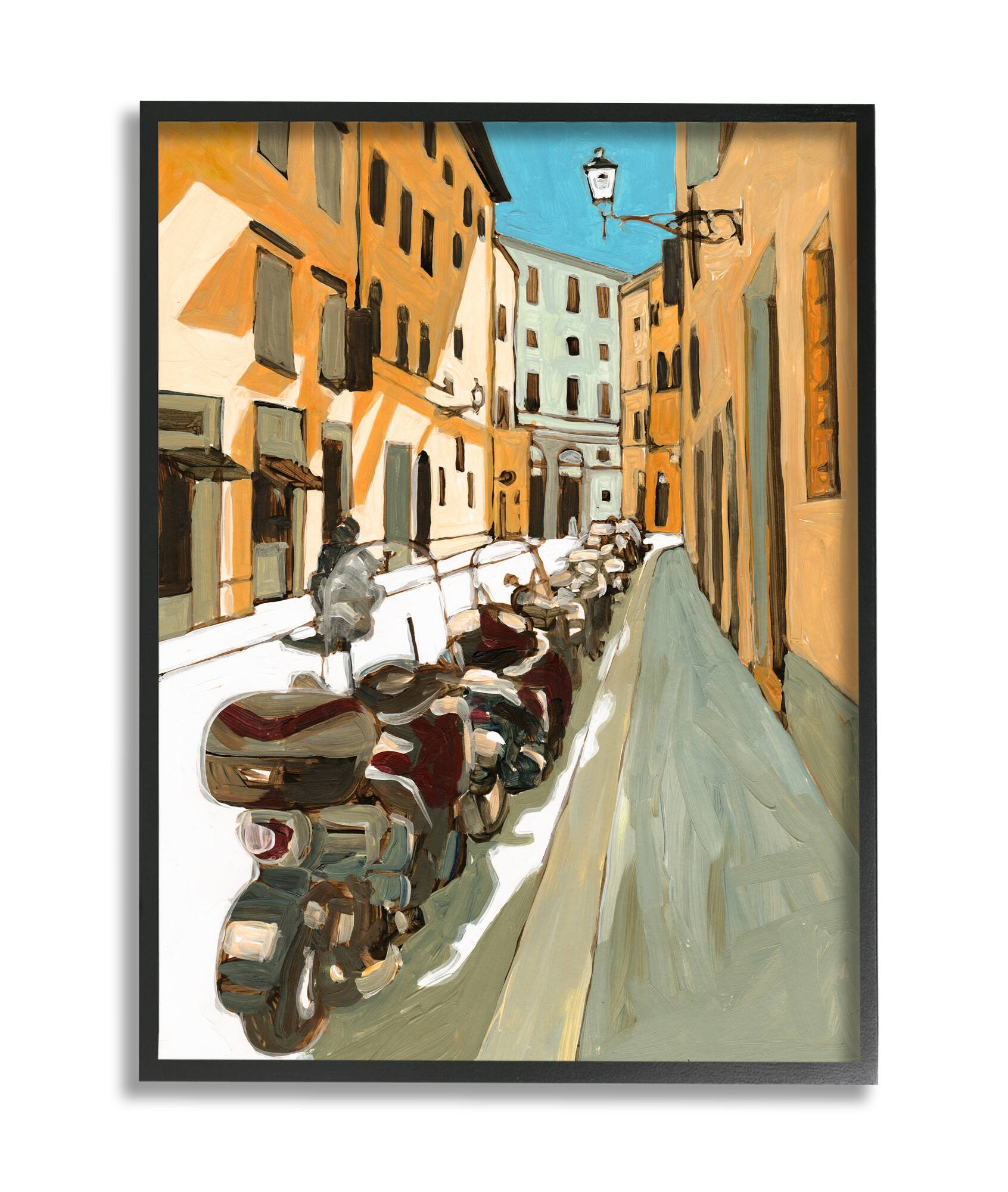 Stupell Industries Row of Mopeds Yellow European City Street Black Framed Wall Art