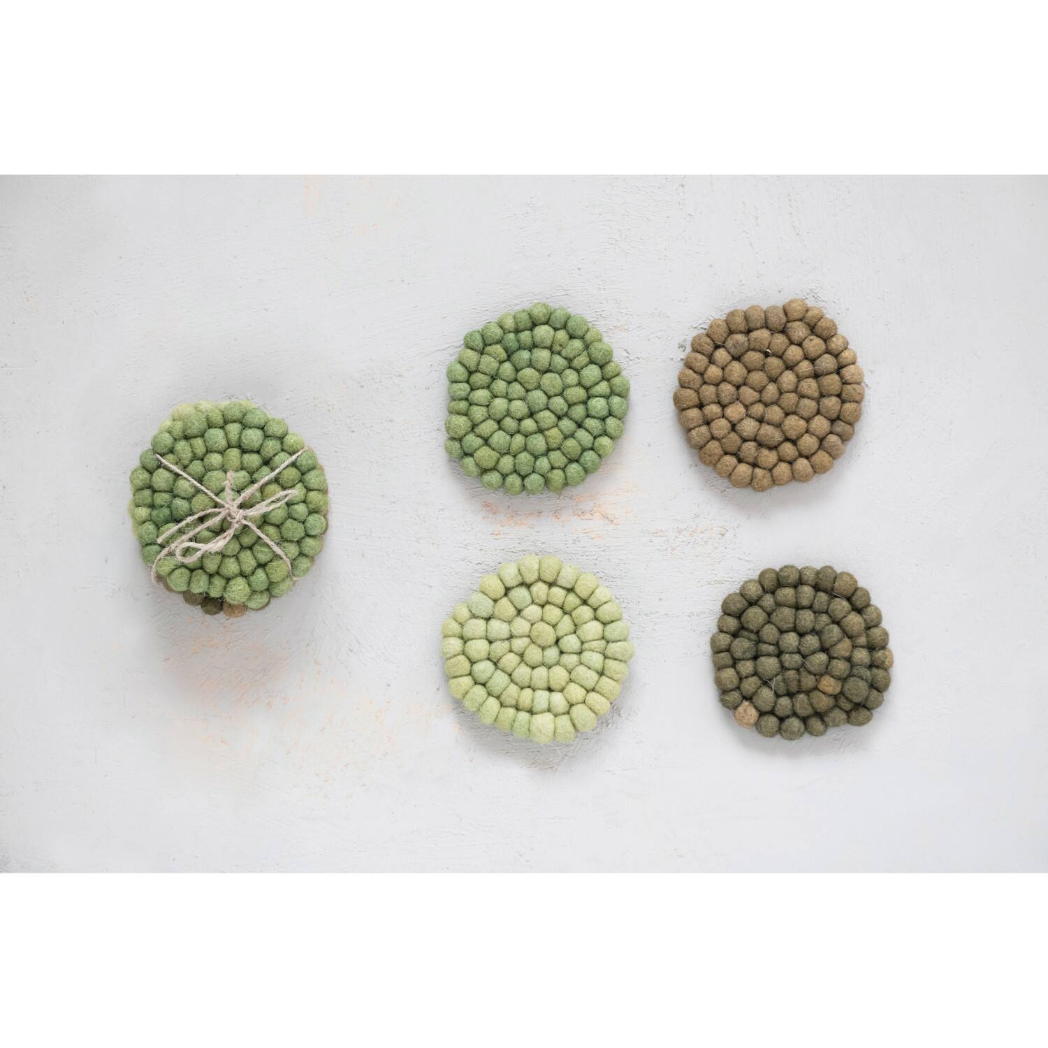 Hello Honey® Green Tones Handmade Wool Felt Ball Coaster Set