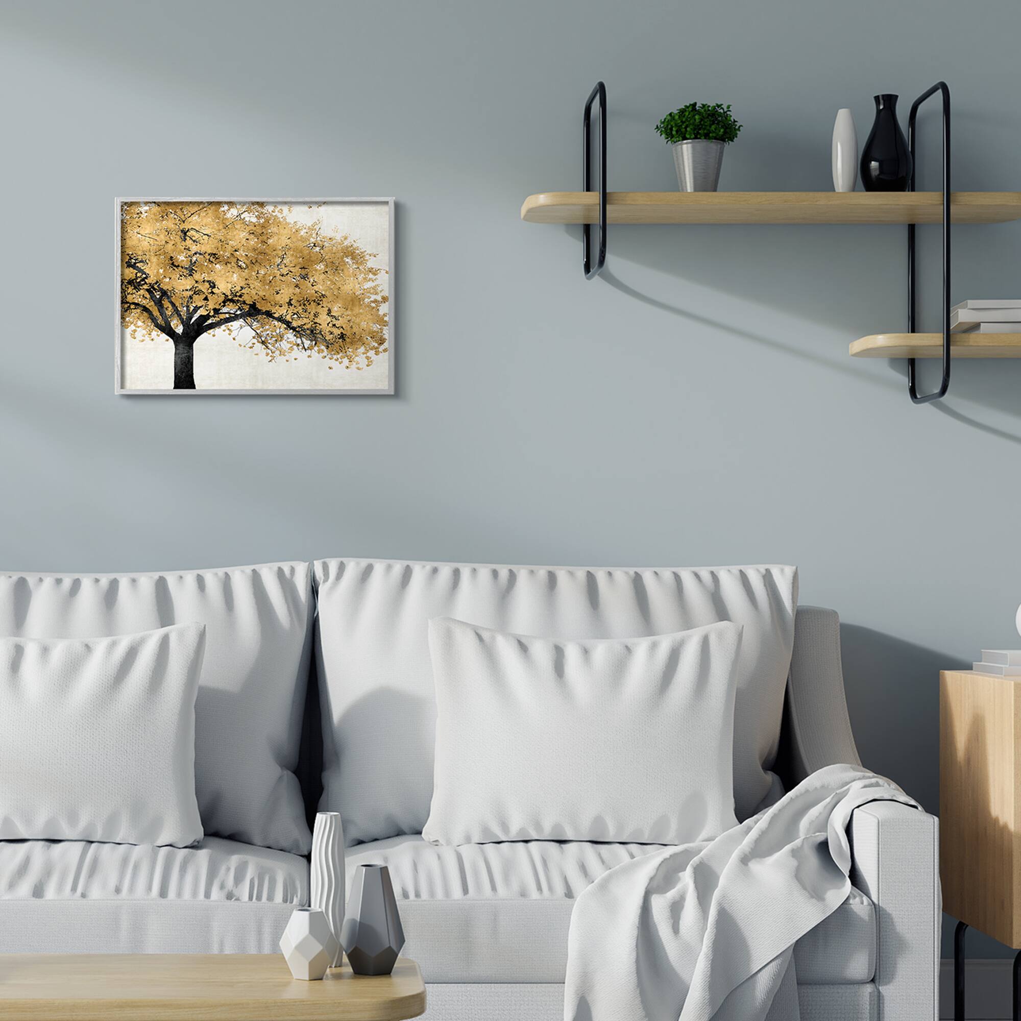 Stupell Industries Traditional Tree with Autumn Leaves over Neutral in Gray Frame Wall Art