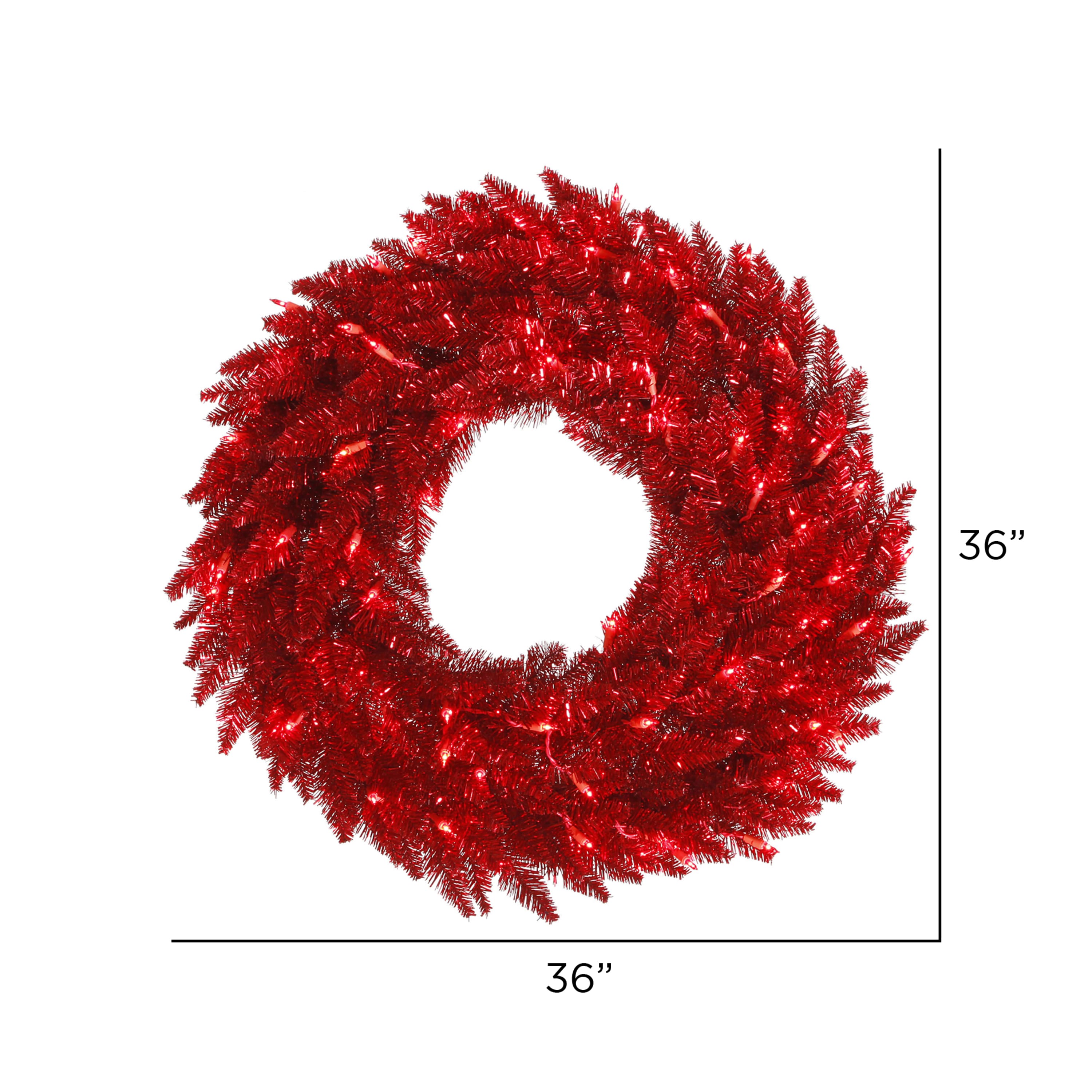 36&#x22; Pre-Lit Tinsel Red Fir Christmas Wreath, Red Lights