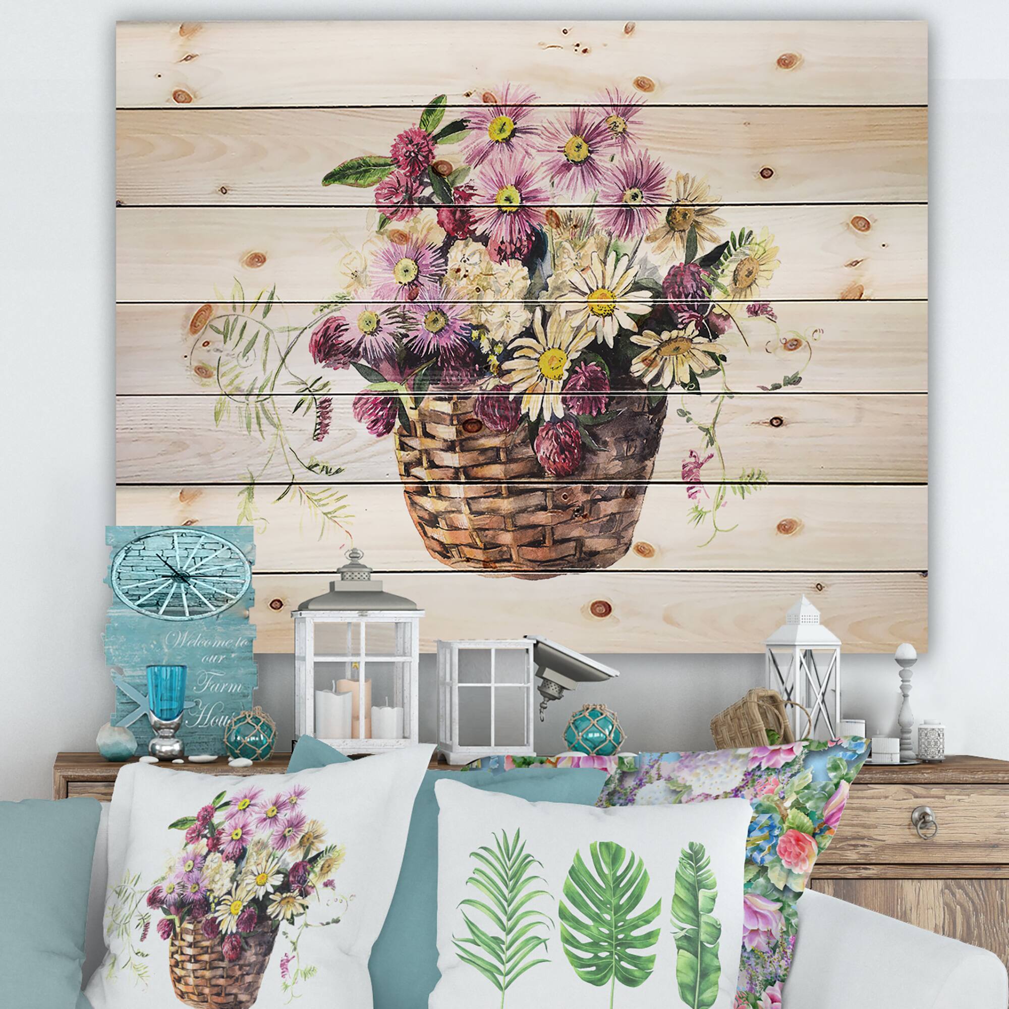 Designart - Bouquet From Meadow Flowers In The Basket - Traditional Print on Natural Pine Wood