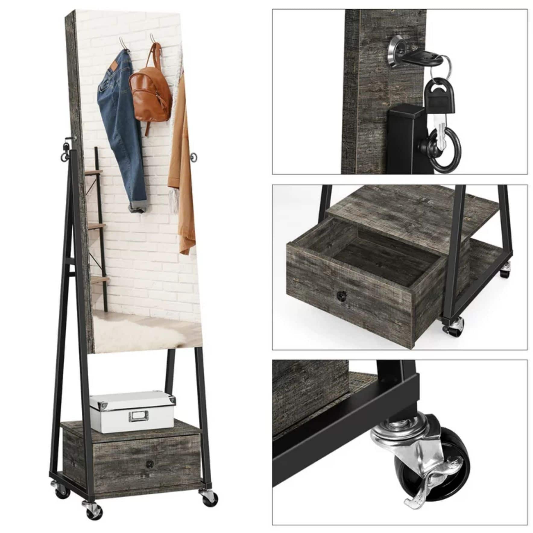 NEX™ 5ft. Dark Gray Jewelry Armoire on Casters with Chest Drawer