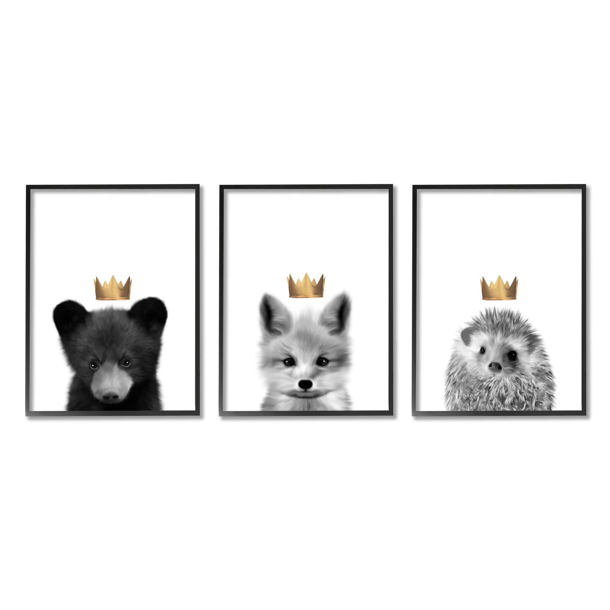 Stupell Industries Woodland Animals Bold Crowns Black Bear Fox Hedgehog Framed Wall Art