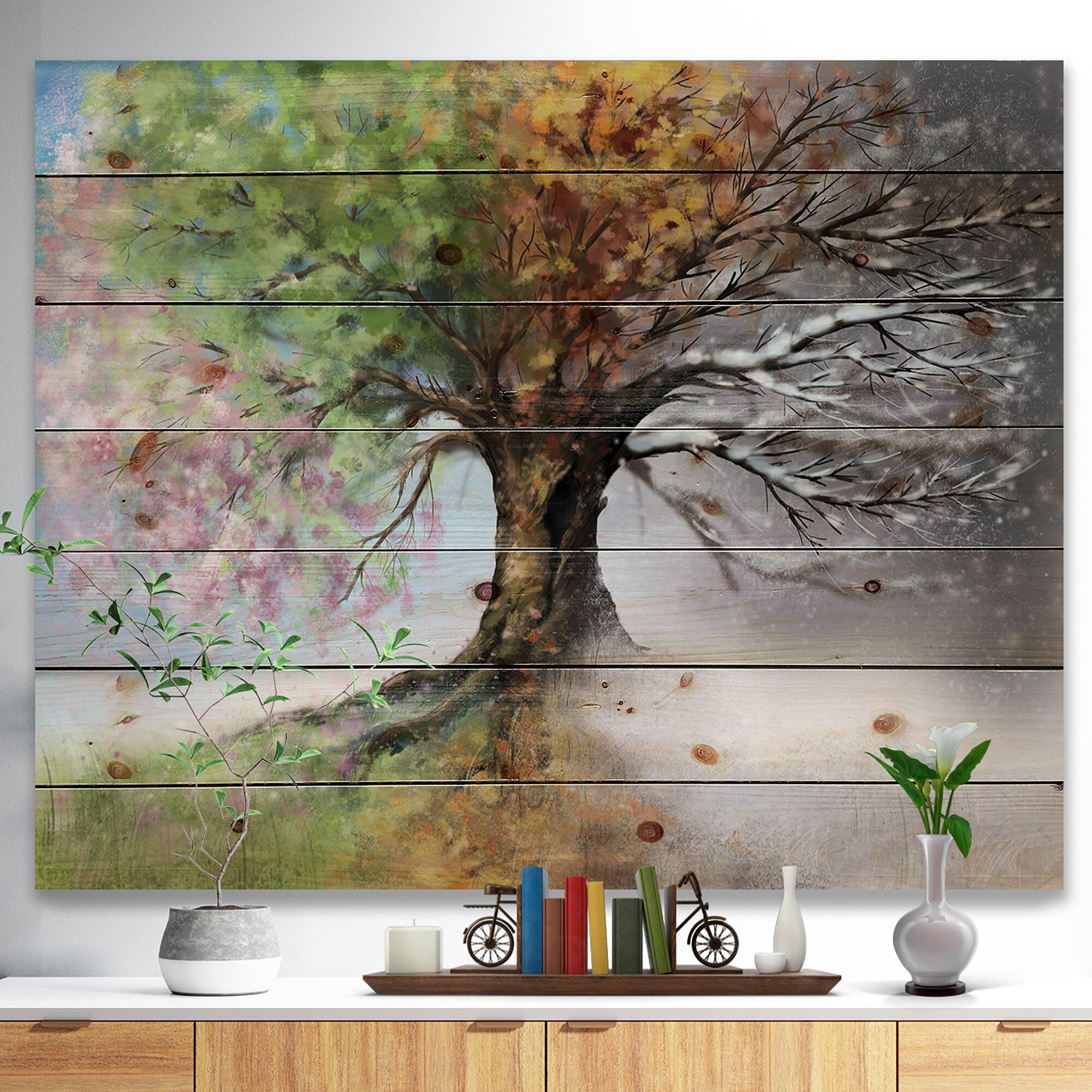 Designart - Tree with Four Seasons - Tree Painting Print on Natural Pine Wood