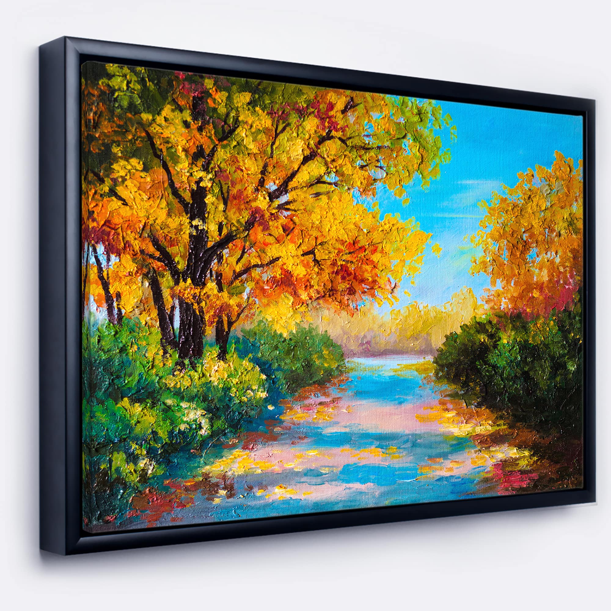 Designart - Autumn Forest with Colorful River - Landscape Art Print Canvas in Black Frame
