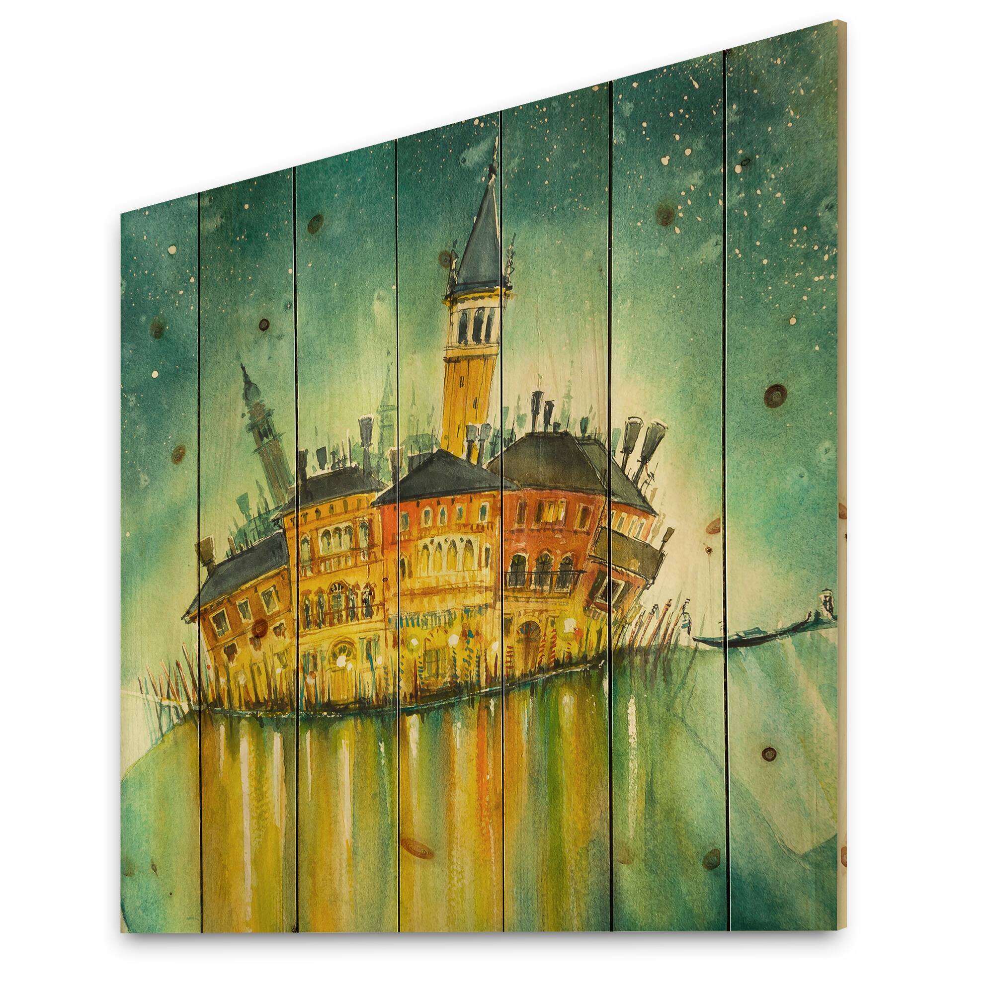 Designart - Idyllic Island of Venice At Night - Modern Print on Natural Pine Wood