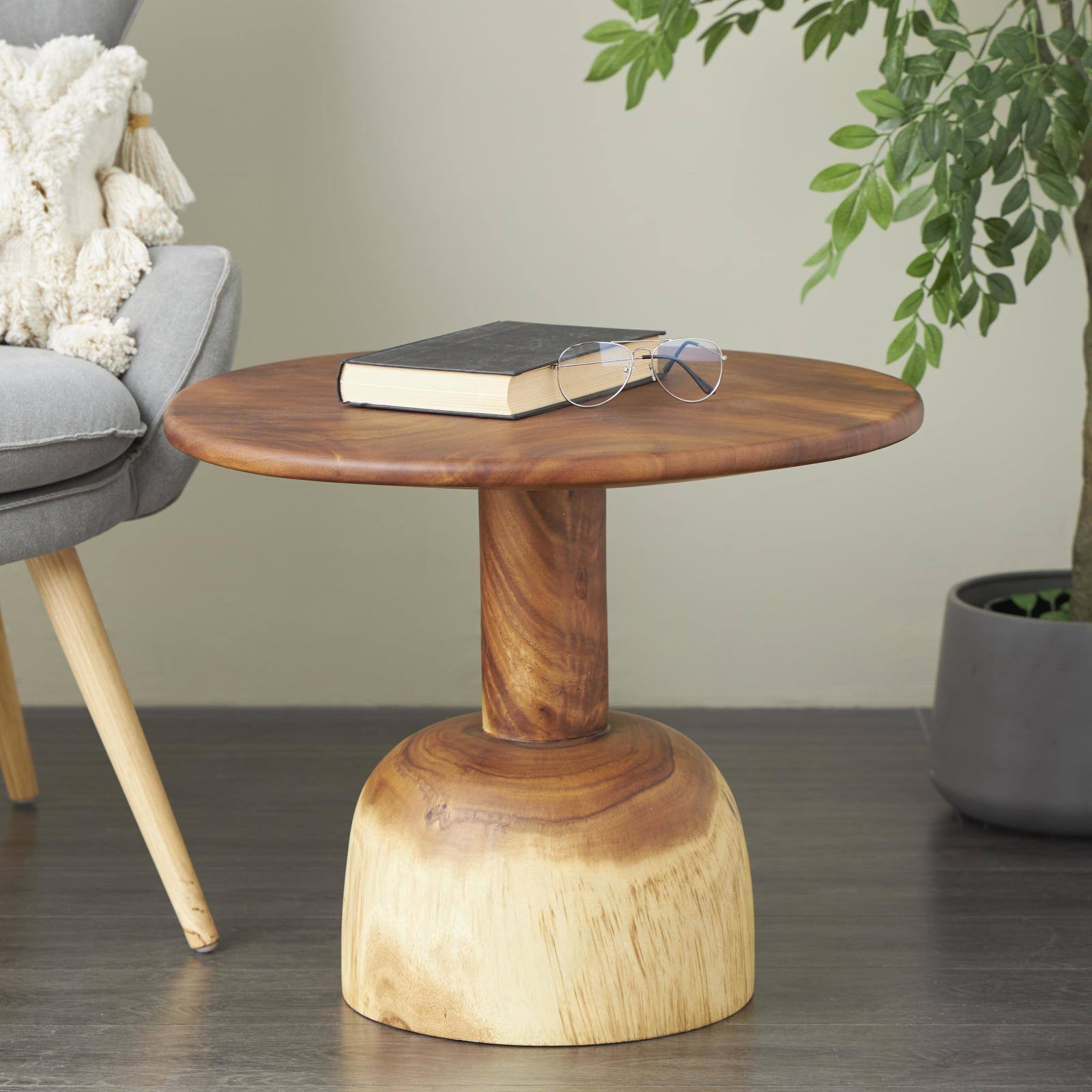 23.75" Brown Wood Handmade Coffee Table with Rounded Block Base