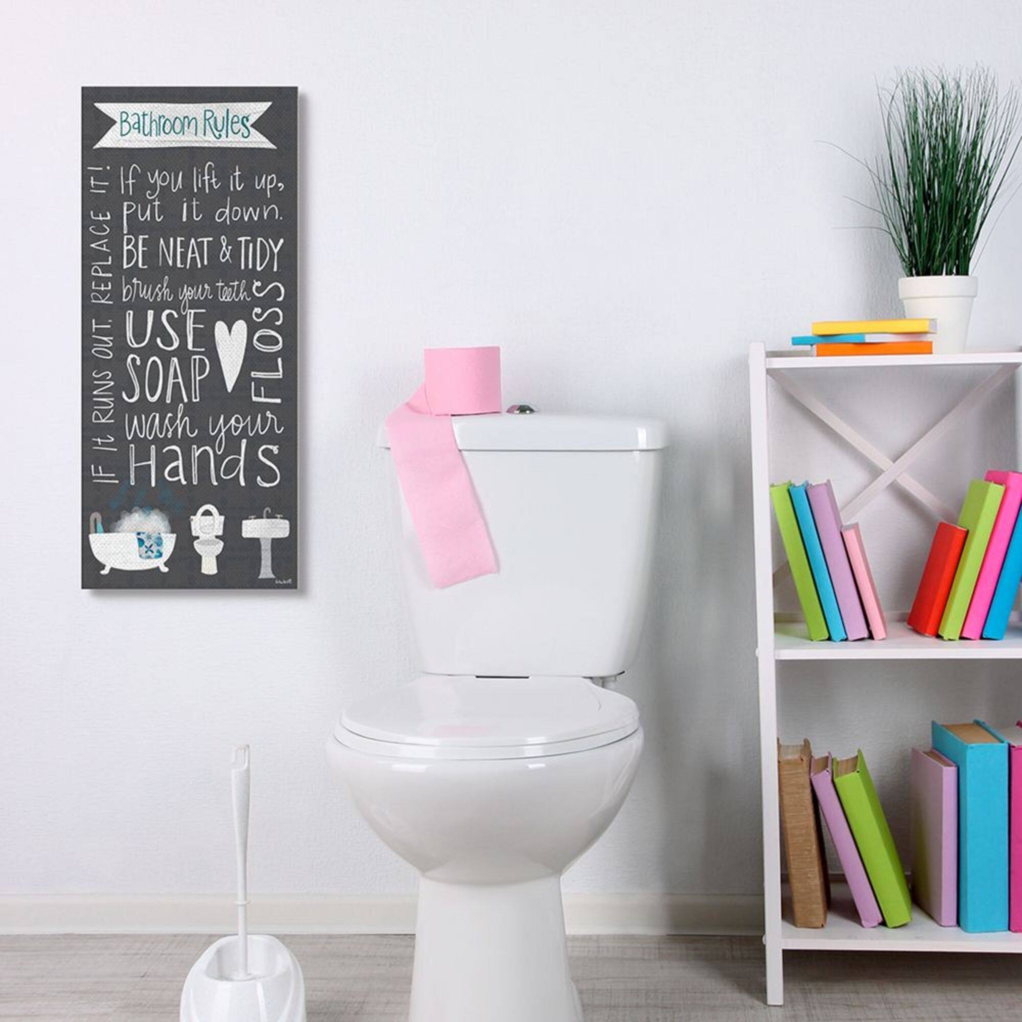 Stupell Industries Bathroom Rules Sign Whimsical Tub Toilet Sink Canvas Wall Art