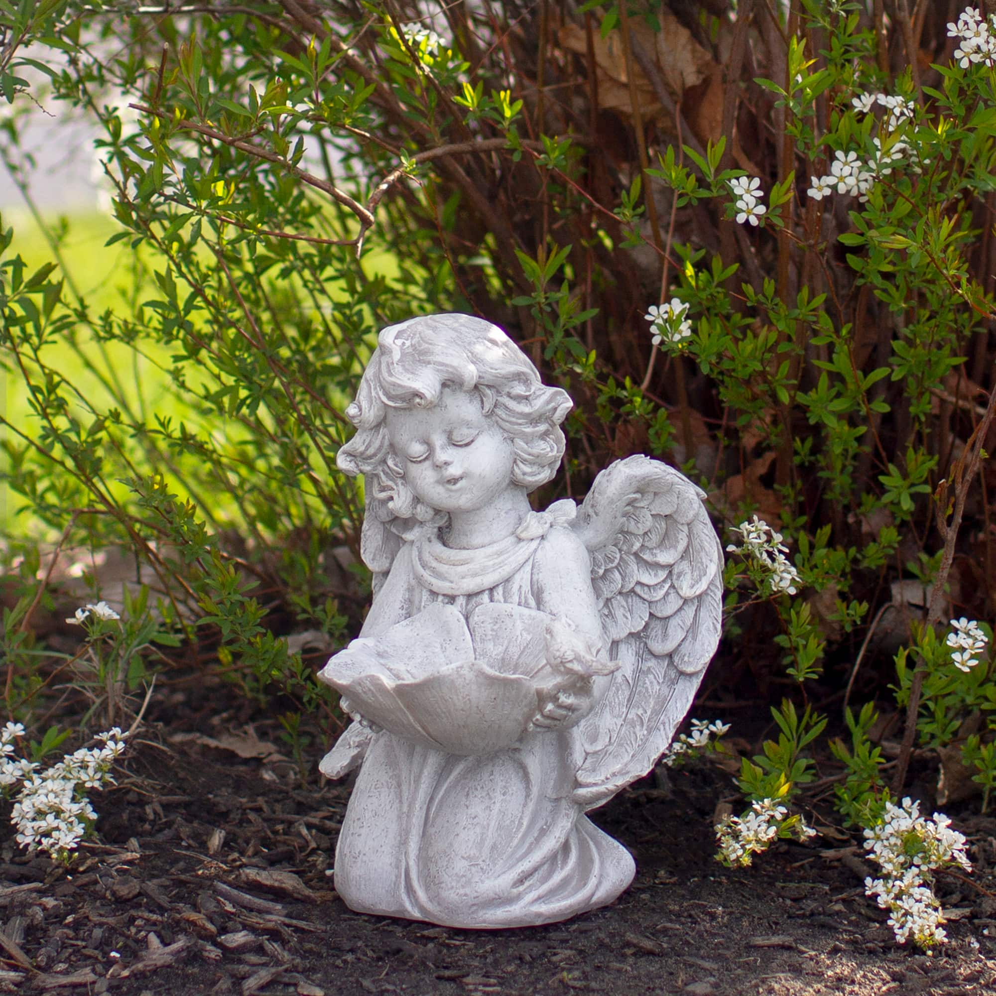 9.5&#x22; Heavenly Gardens Gray Distressed Kneeling Cherub Angel Bird Feeder Outdoor Garden Statue