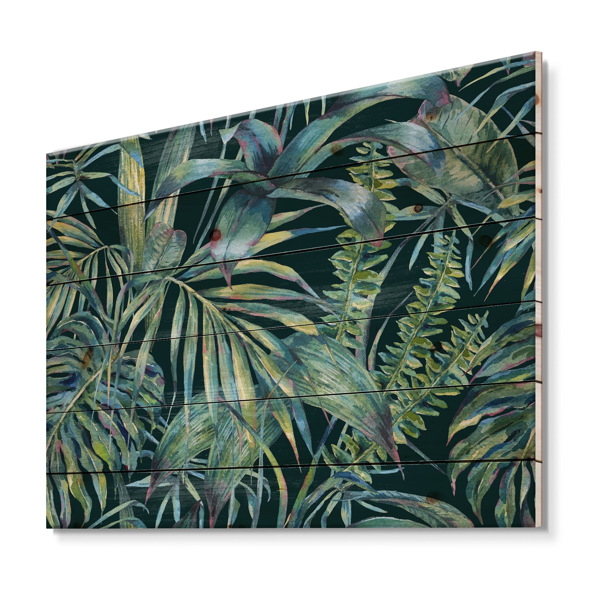 Designart - Natural Leaves Exotic On Dark I - Tropical Print on Natural Pine Wood