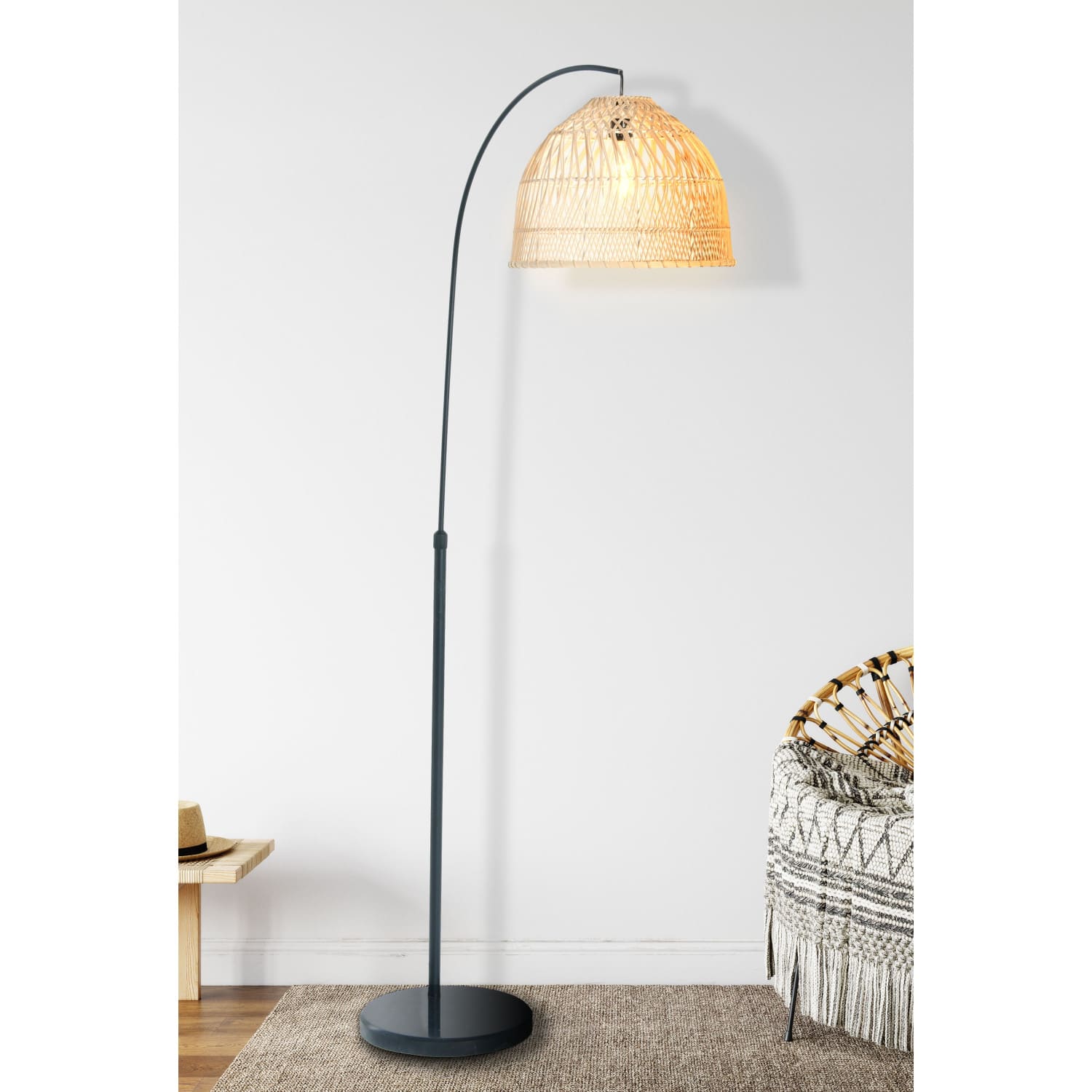 Hello Honey® Modern Boho Floor Lamp with Marble Base & Rattan Shade