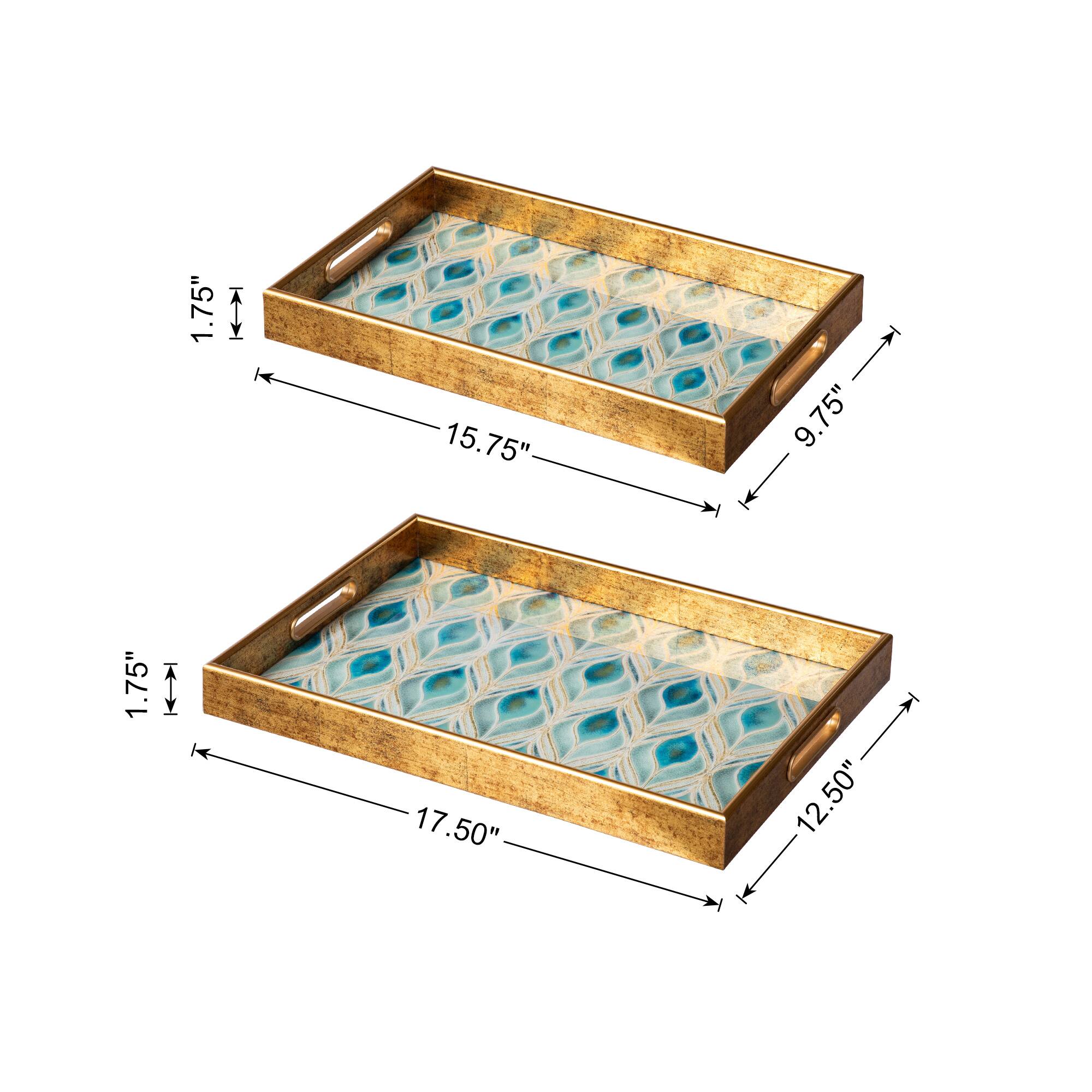 Glitzhome&#xAE; Rectangle Peacock Feathers Patterned Decorative Trays Set