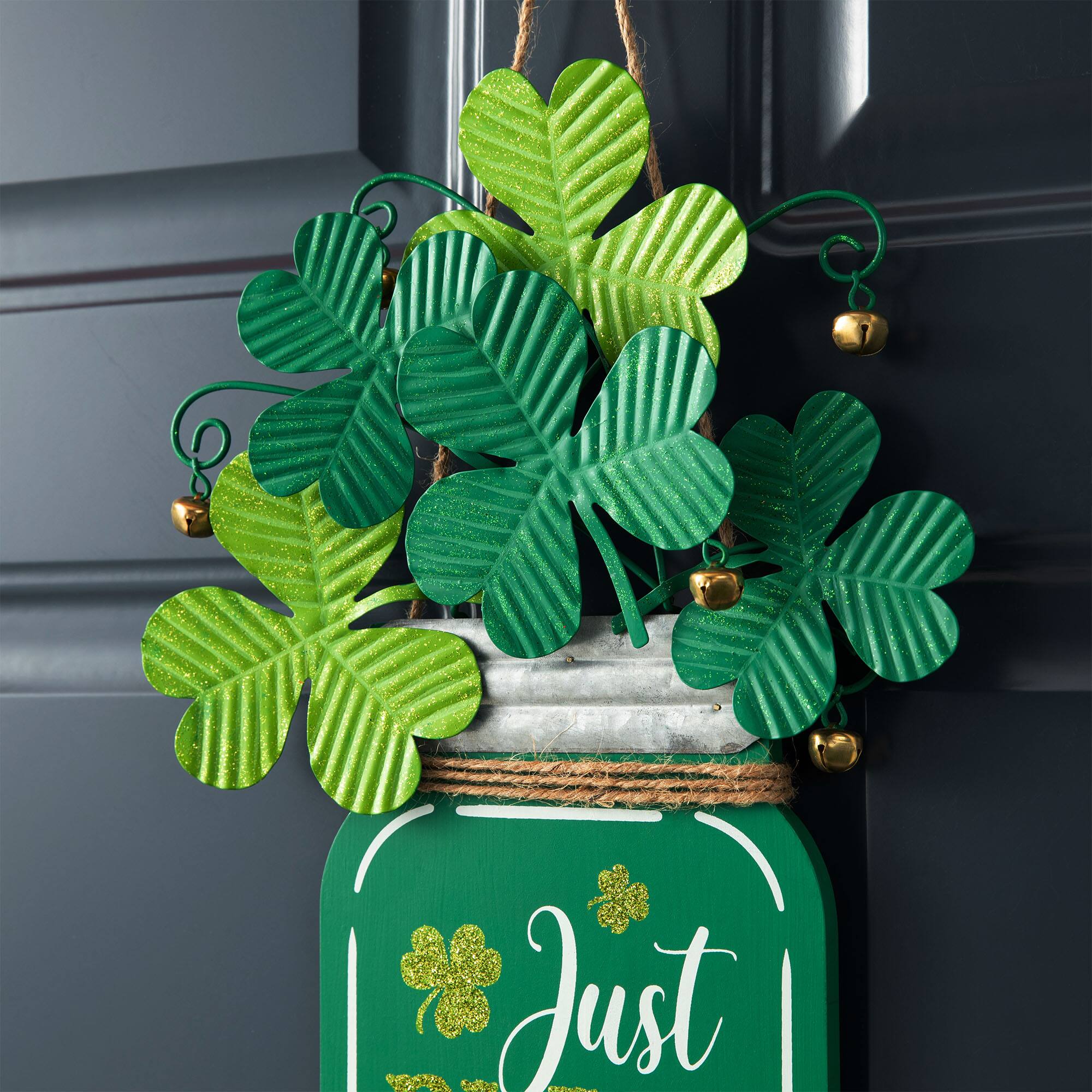 Glitzhome® 16" St. Patrick's Wooden Mason Jar with Shamrock Door Hanger
