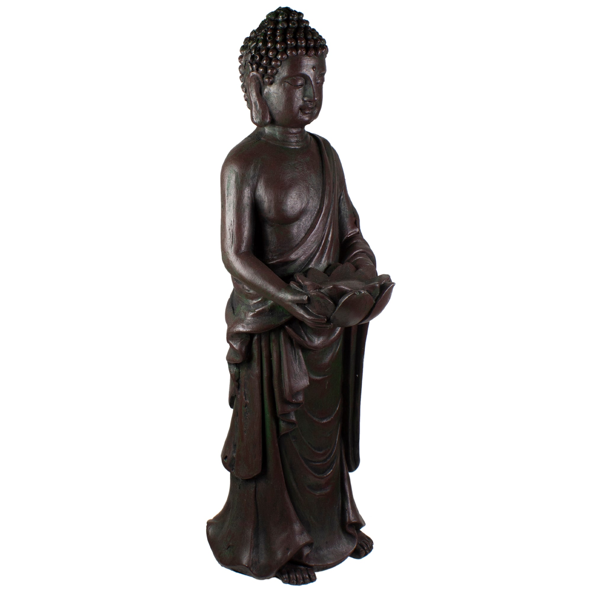 19.5" Dark Brown Standing Buddha with Lotus Outdoor Garden Statue