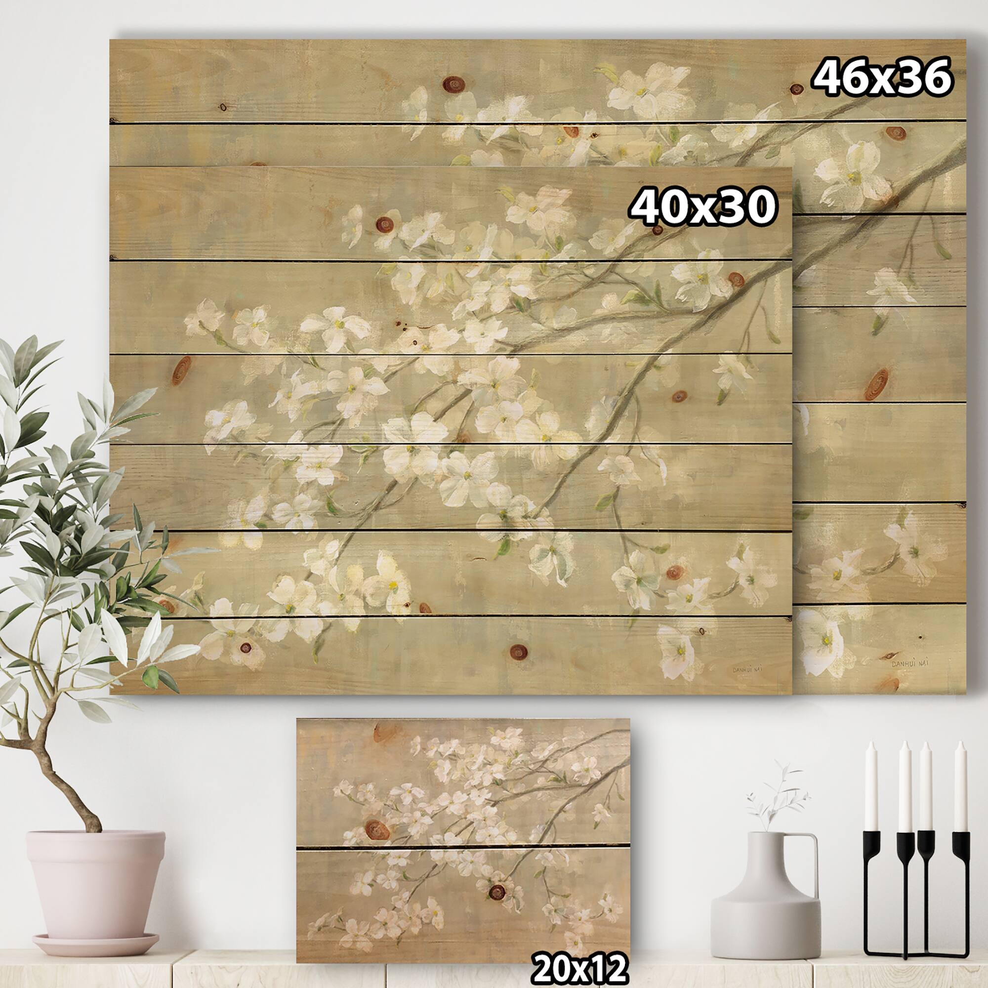 Designart - Dogwood in Spring Neutral - Farmhouse Print on Natural Pine Wood