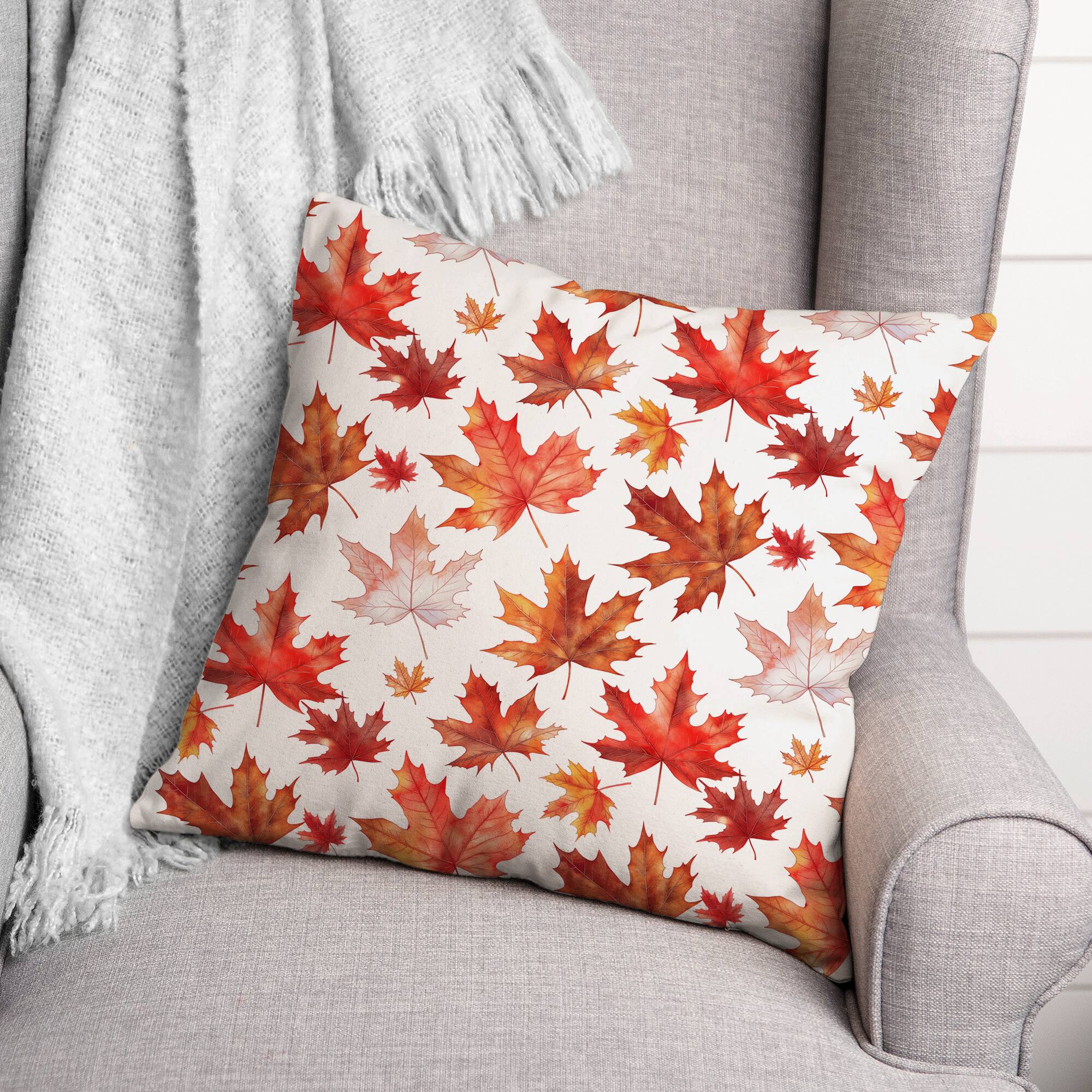 Watercolor Orange Leaf Pattern 18" x 18" Indoor / Outdoor Pillow