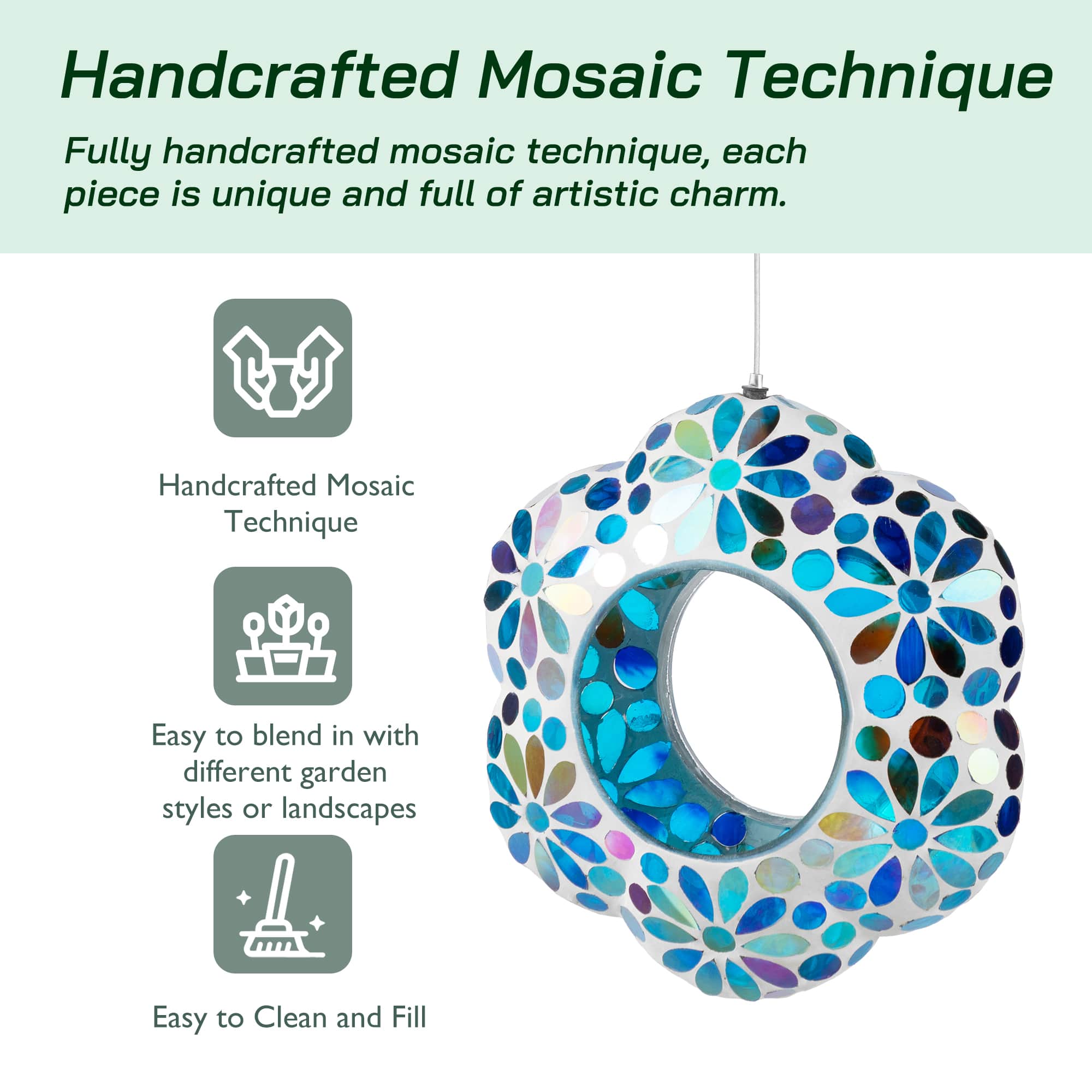 Glitzhome® 8.5" Glass Flower Shaped Hanging Multi-Color Mosaic Birdfeeder