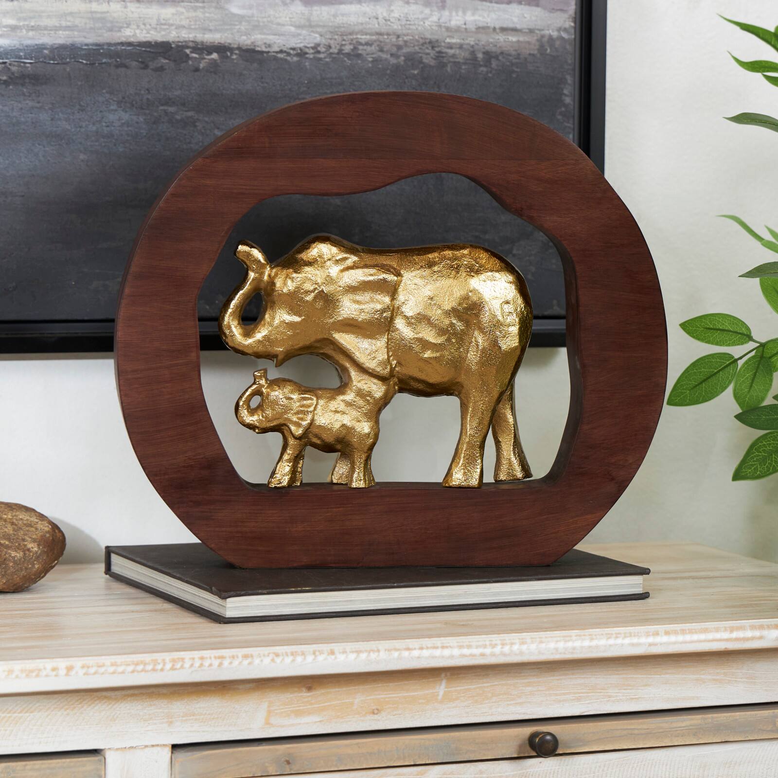 13.5" Gold Metal Elephant Sculpture with Brown Frame