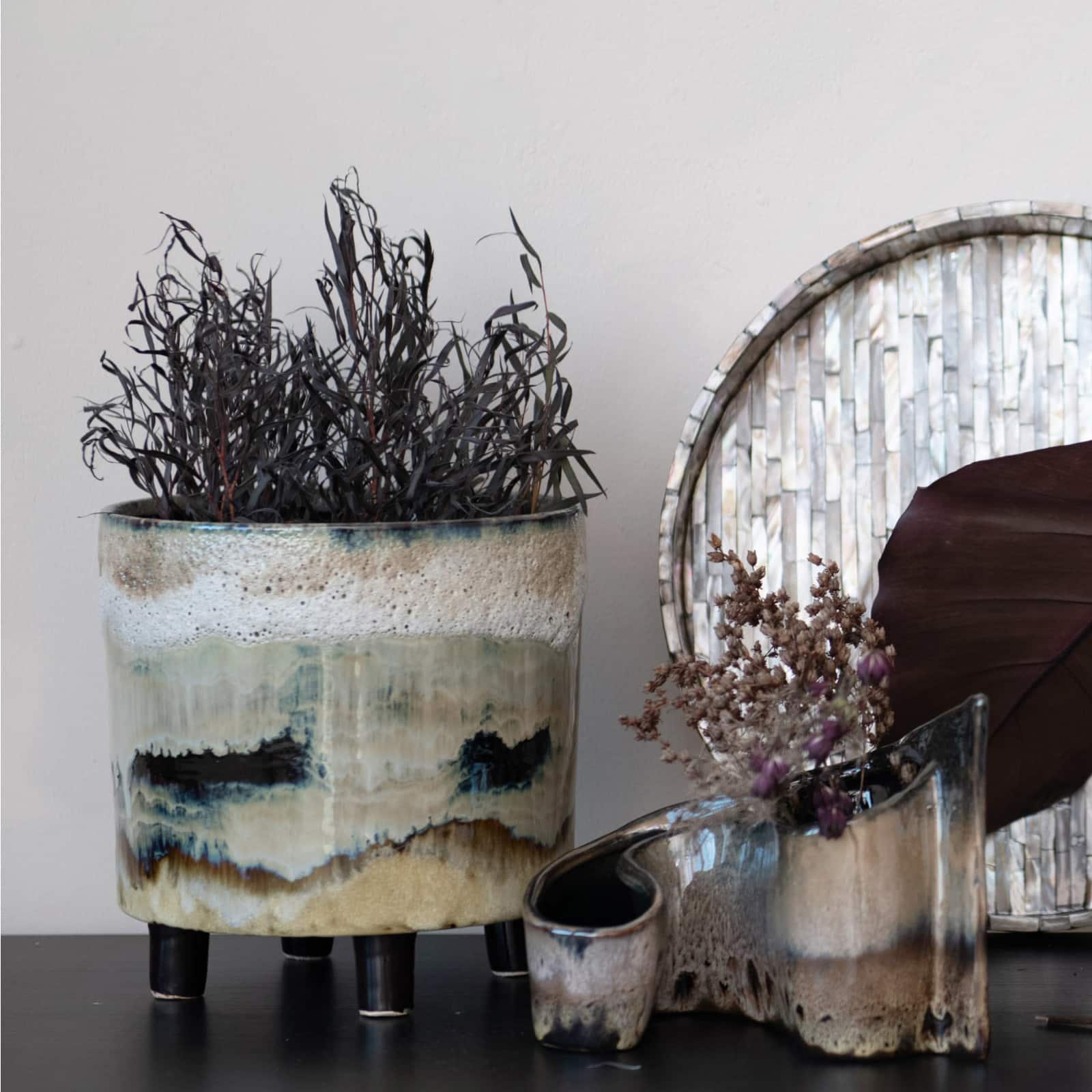 Hello Honey® 8" Multicolor Reactive Glaze Round Stoneware Footed Planter