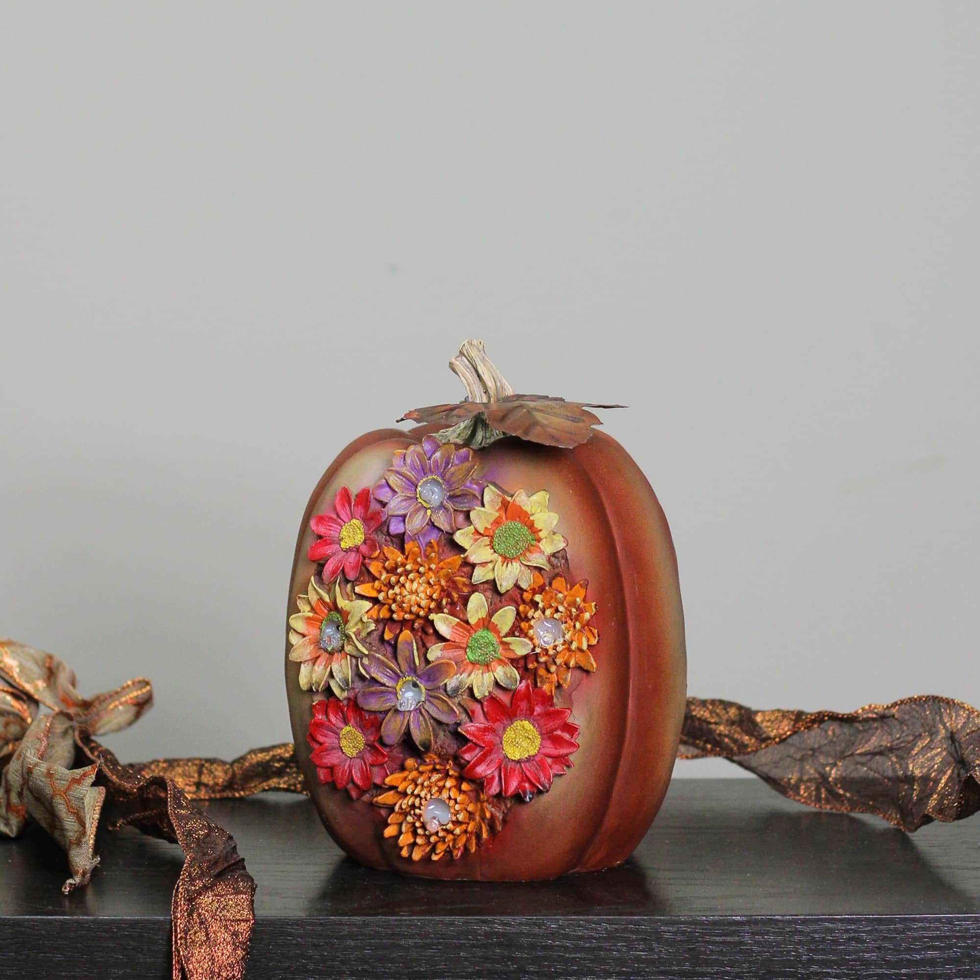 7.75&#x22; Brown &#x26; Red LED Floral Pumpkin Tabletop D&#xE9;cor