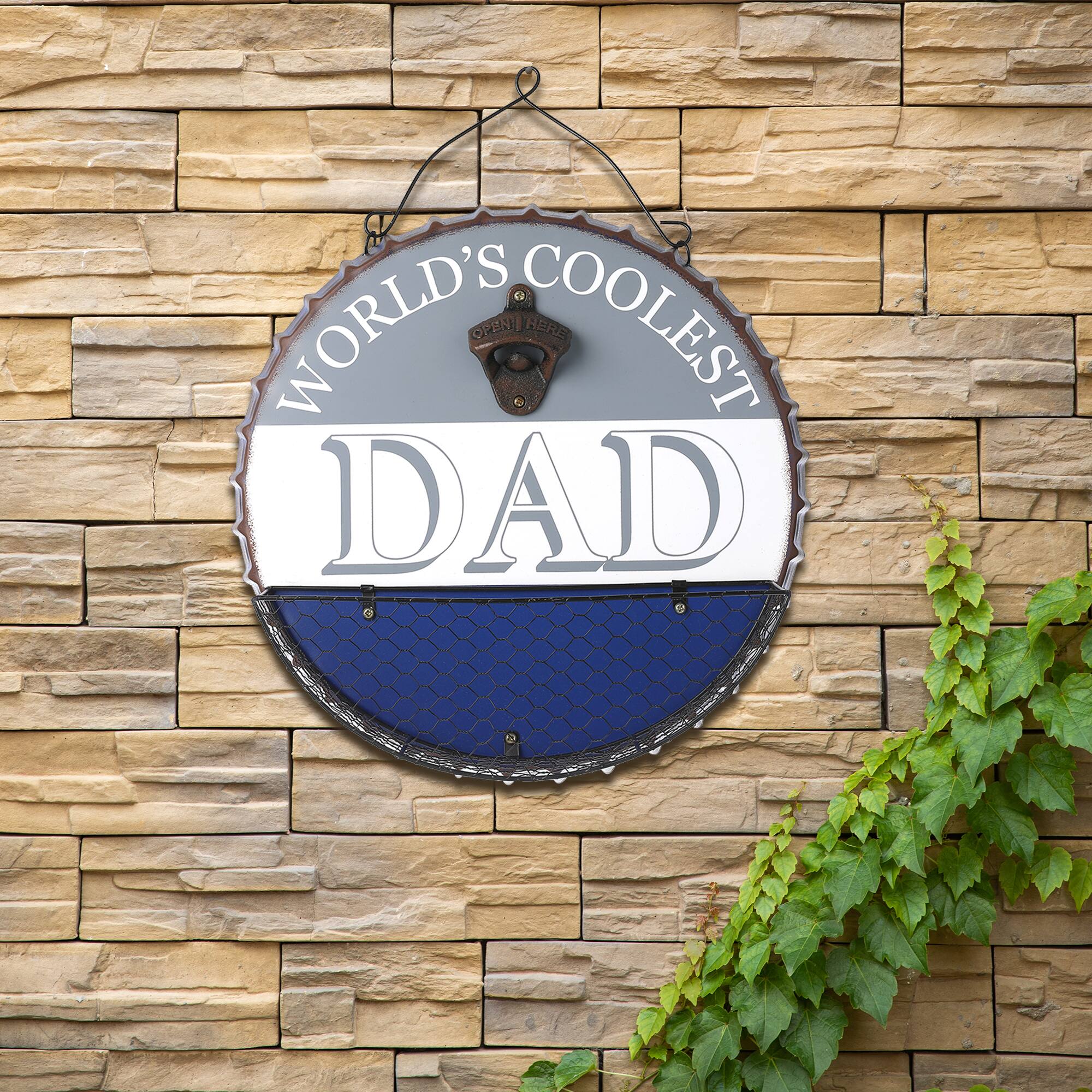 Glitzhome® 13" Father's Day Metal Bottle Cap Bottle Opener Wall Sign & Organizer