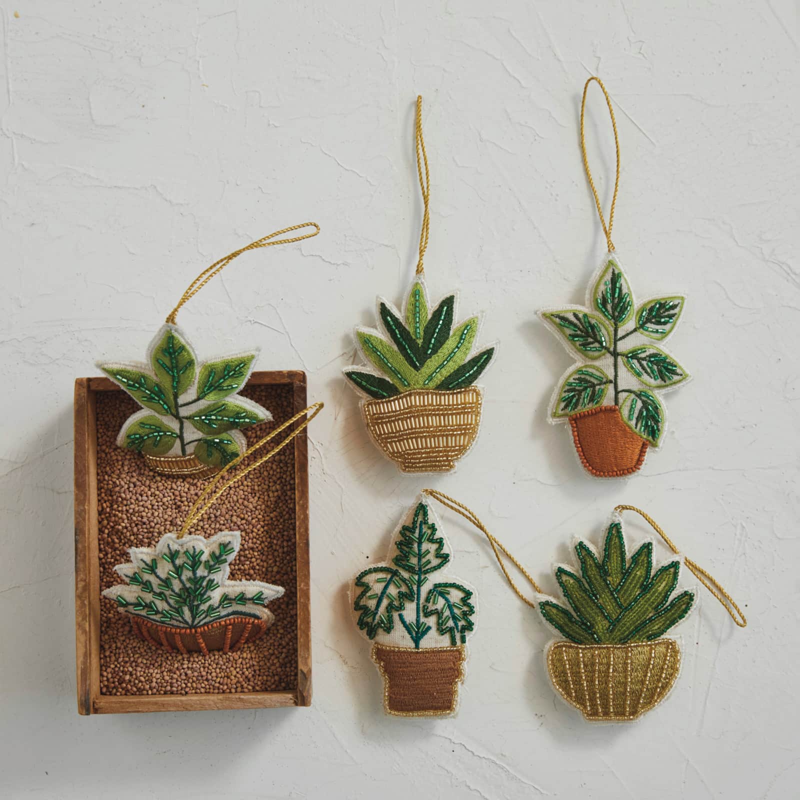 Hello Honey&#xAE; 6 Pack 4&#x22; Beaded &#x26; Embroidered Potted Plant Fabric Ornaments