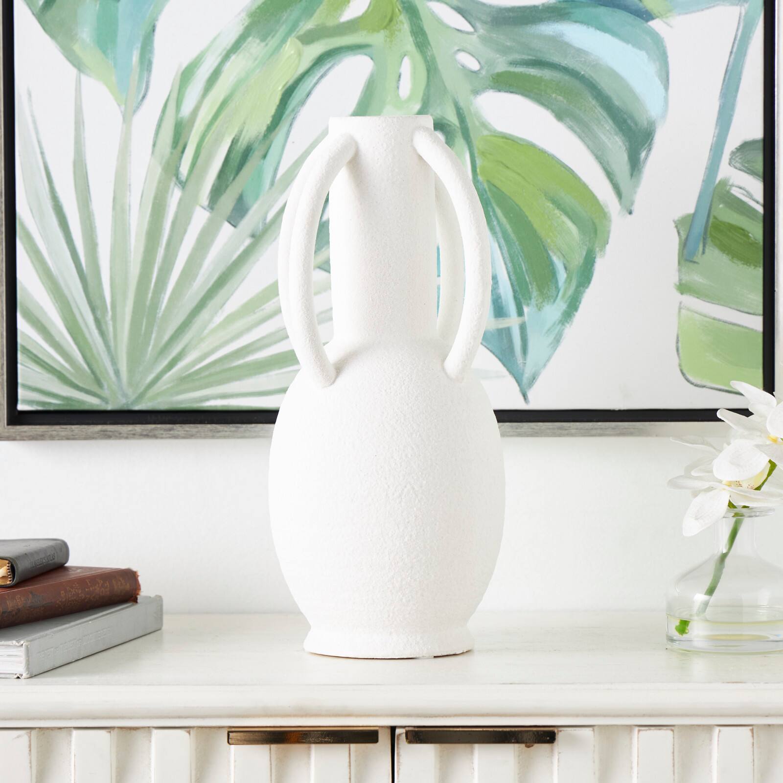 15" White Ceramic Textured Vase with 4 Handles
