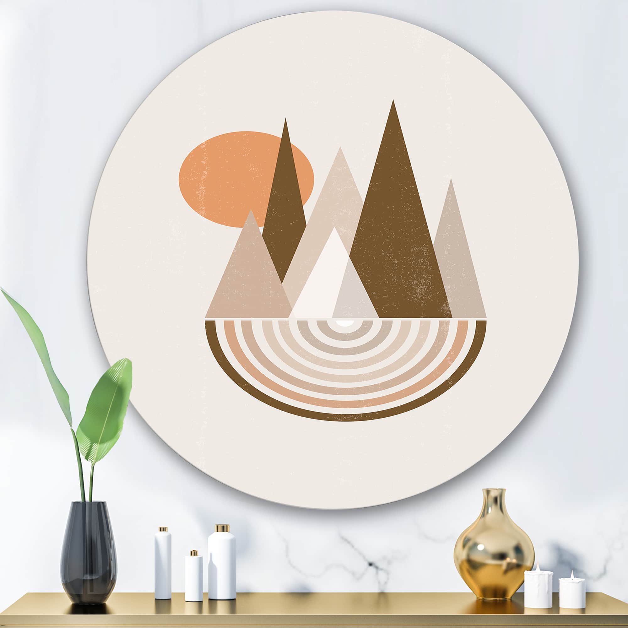 Designart - Minimalistic Mountain Landscape With Red Full moon - Modern Metal Circle Wall Art