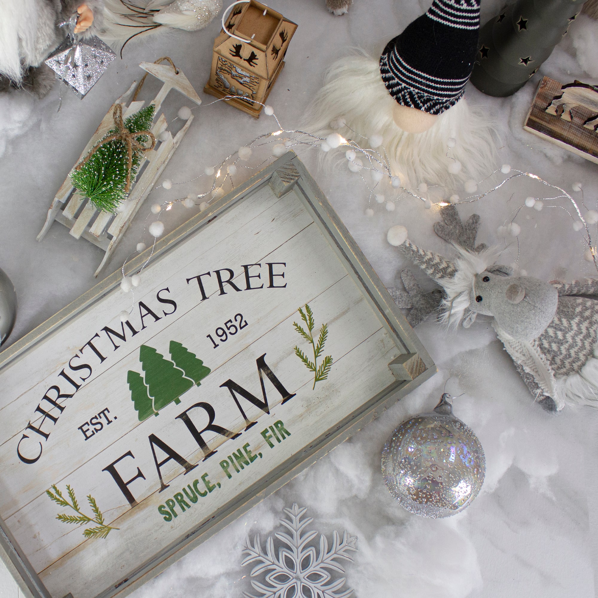 Gray &#x26; White Farm Fresh Christmas Trees Wooden Tray Hanging Sign Set