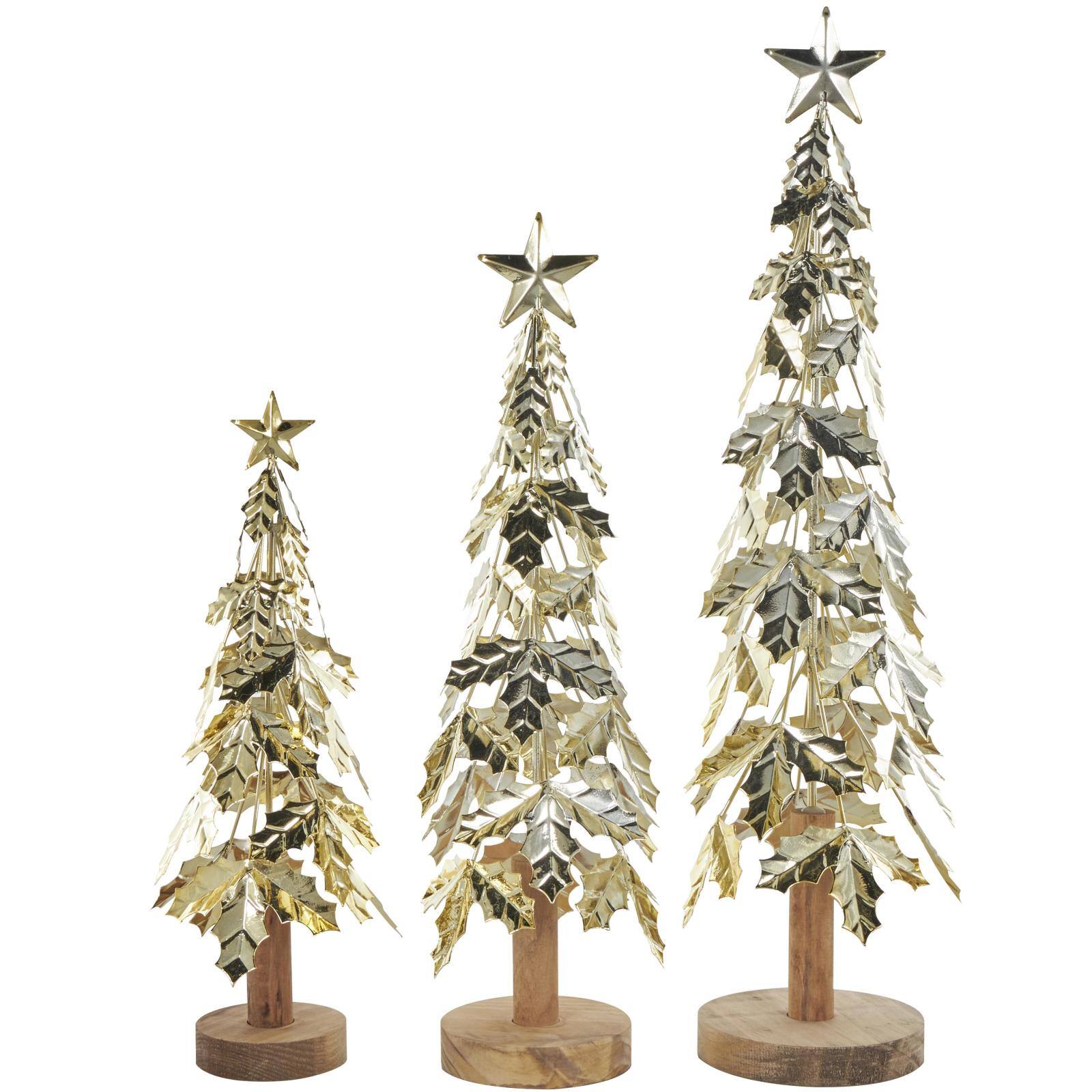 Gold Metal Layered Holly Leaf Christmas Tree Sculpture Set