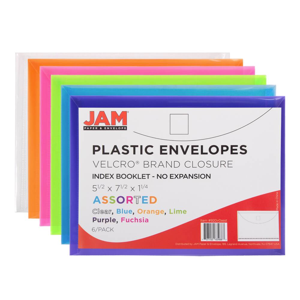 JAM Paper 5.5&#x22; x 7.5&#x22; Plastic Hook &#x26; Loop Closure Envelopes, 6ct.