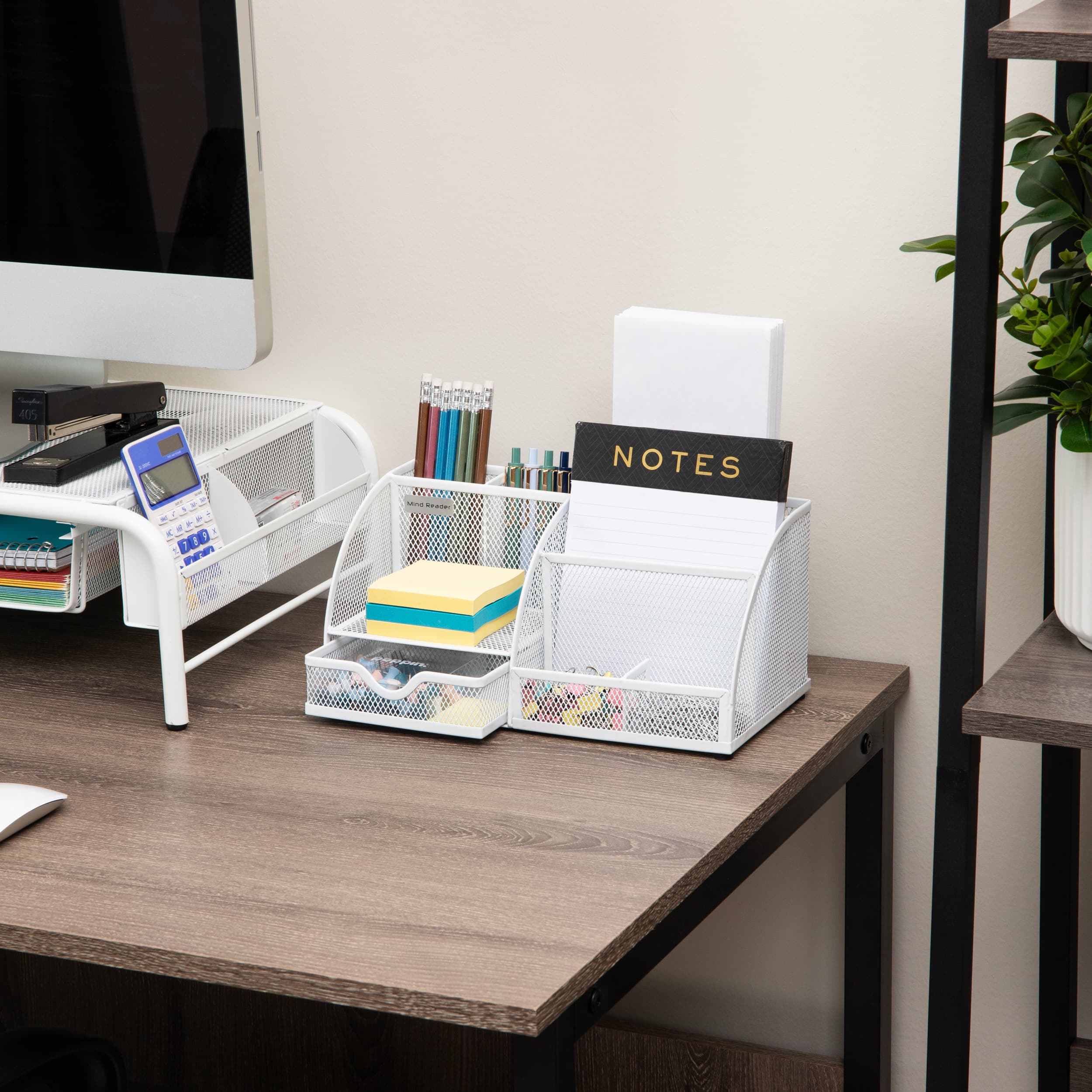 Mind Reader Desktop Organizer, File Storage, Accessory Storage, Workspace, Office, Metal Mesh, 11"L x 5.5"W x 5.25"H, White