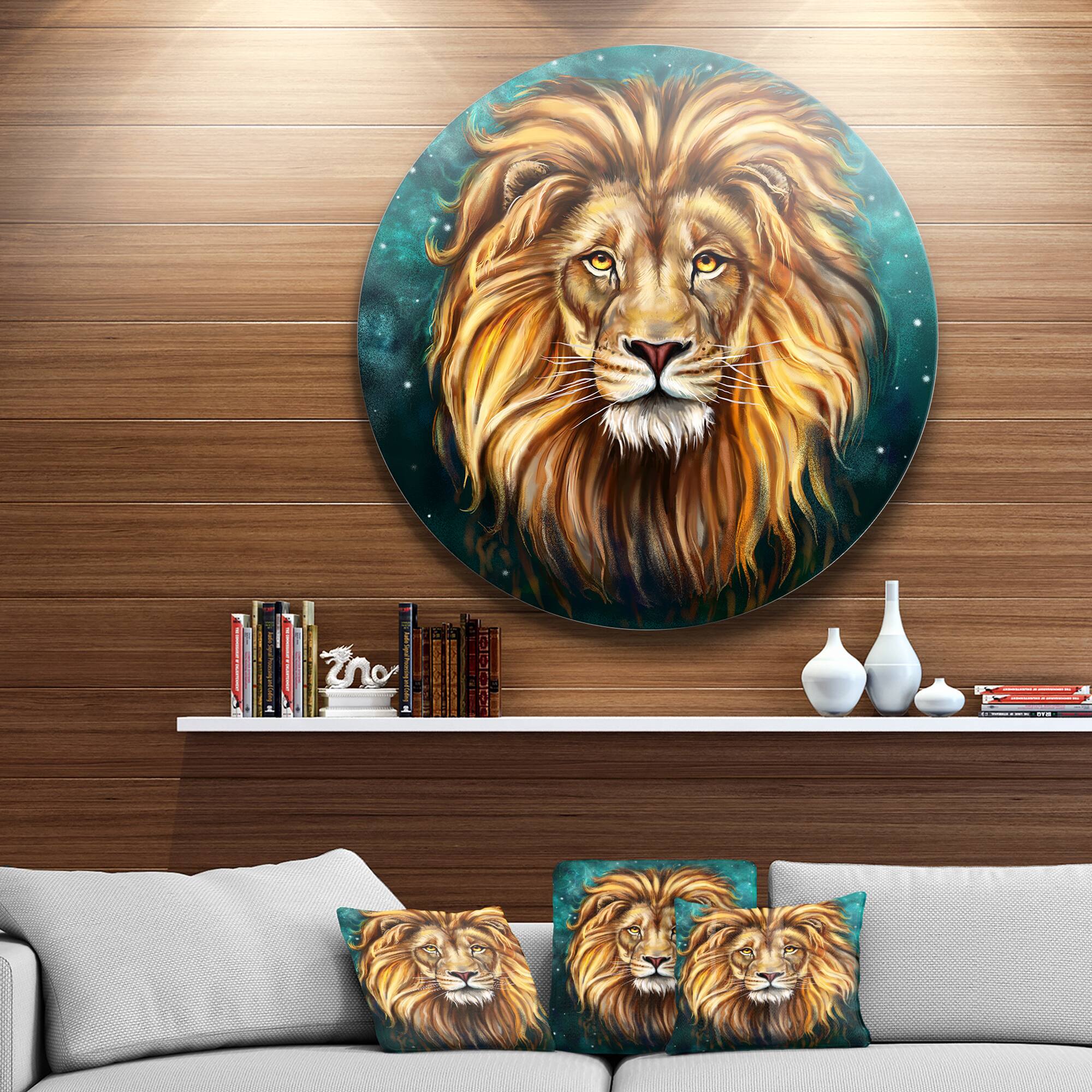 Designart - Lion Head in Blue&#x27; Animal Circle Metal Wall Art