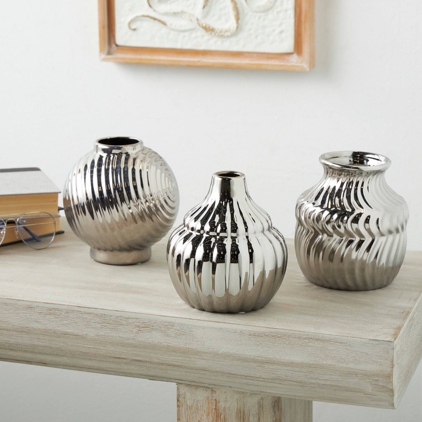 Silver Ceramic Abstract Textured Vase Set