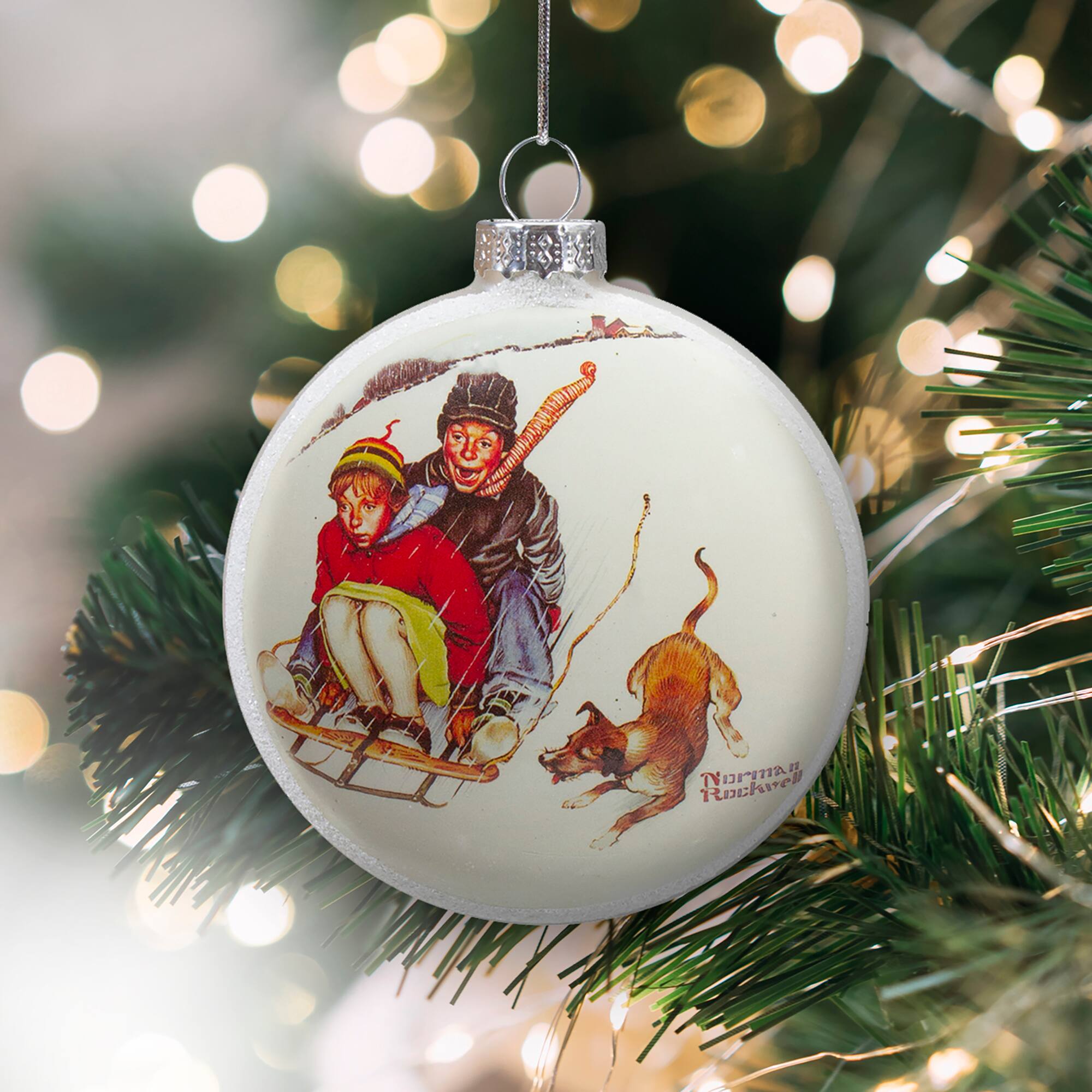 3" Norman Rockwell Young Love: Sledding Glass Disc Ornament