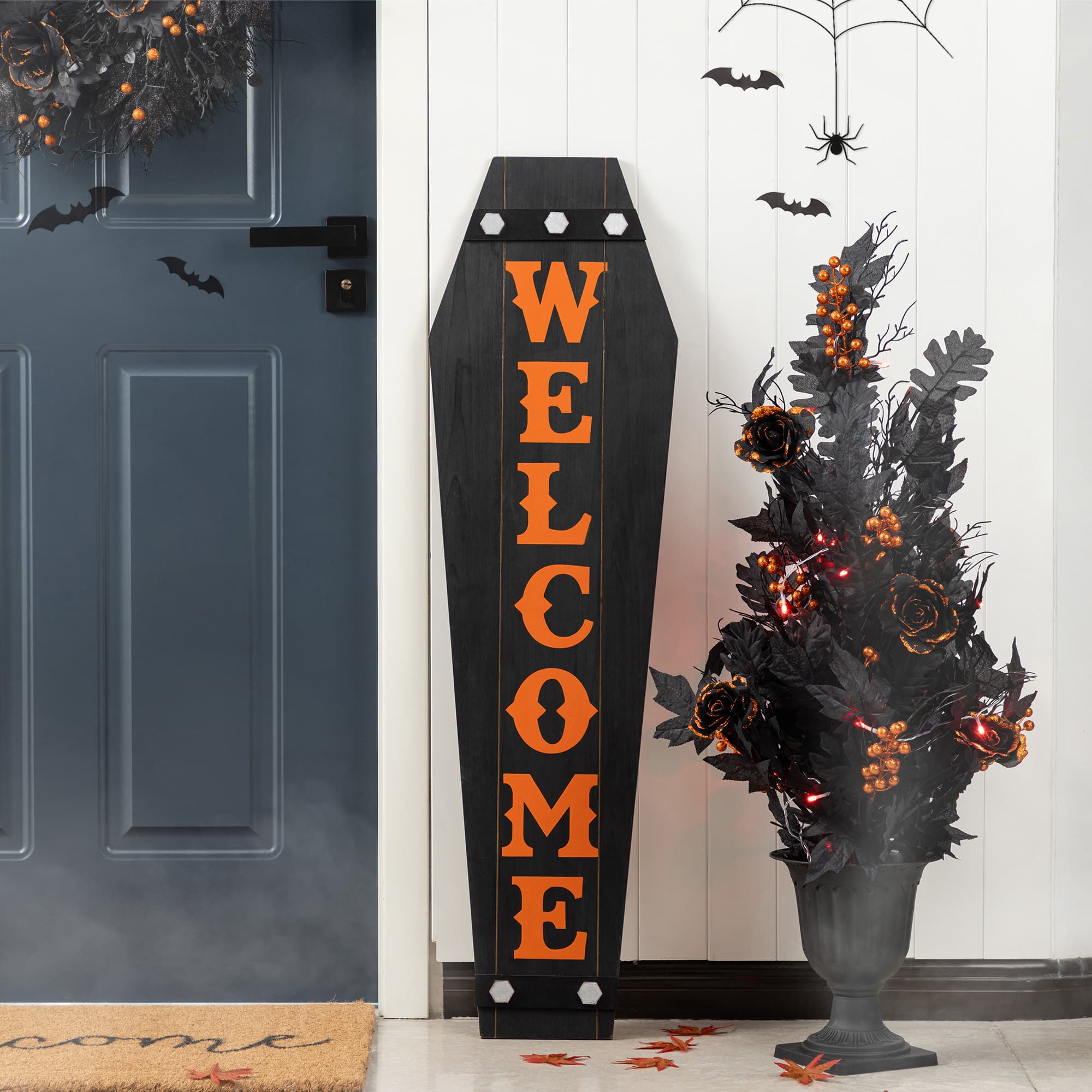 Glitzhome&#xAE; Halloween Wood Mummy and Welcome Coffin Porch Decor Set