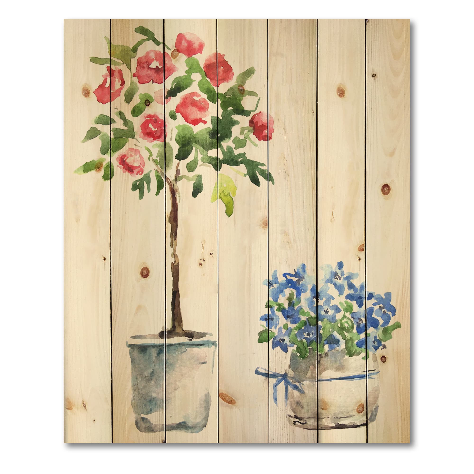 Designart - Blue and Red Houseplants - Traditional Print on Natural Pine Wood