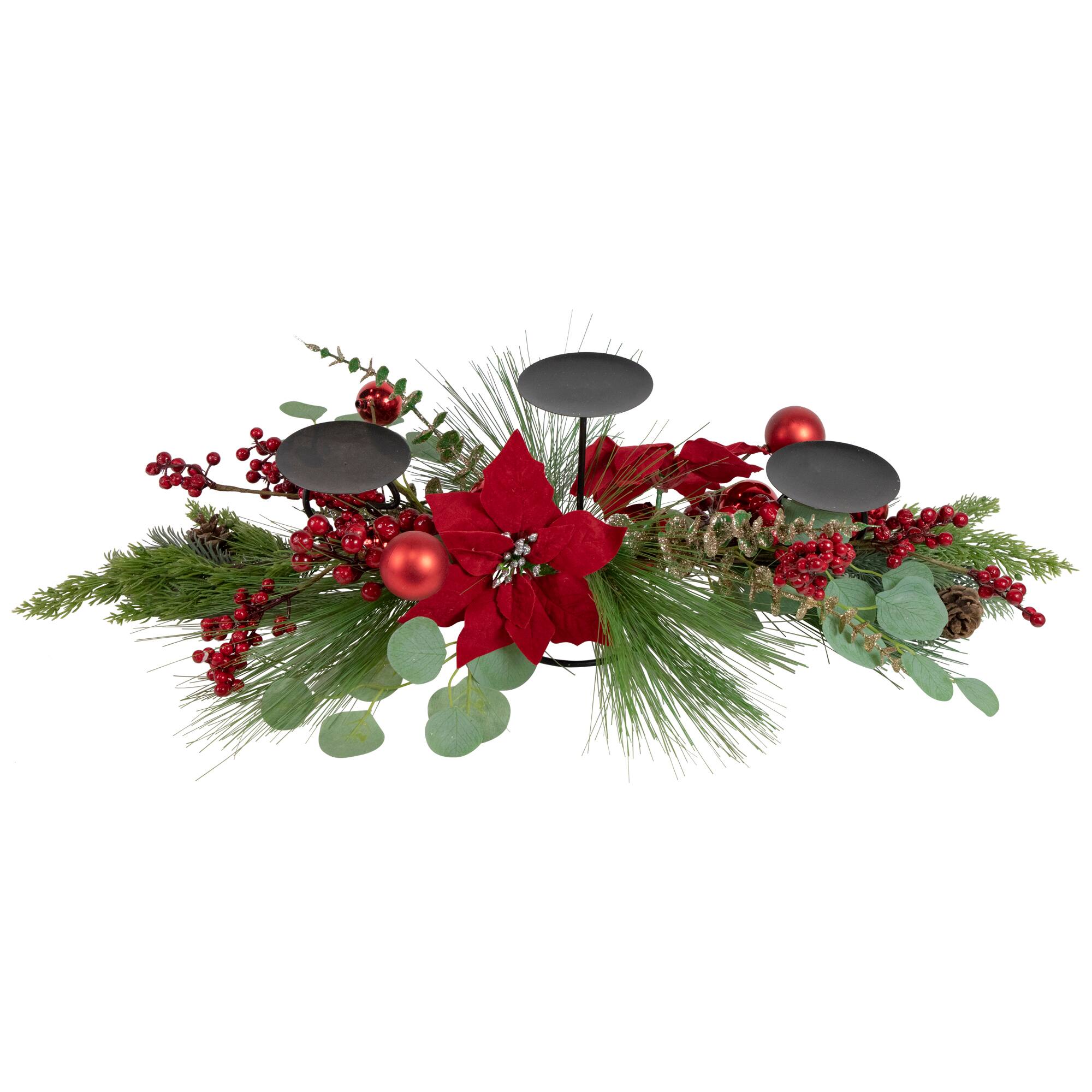 32" Triple Candle Holder With Red Berry & Poinsettia Christmas Décor
