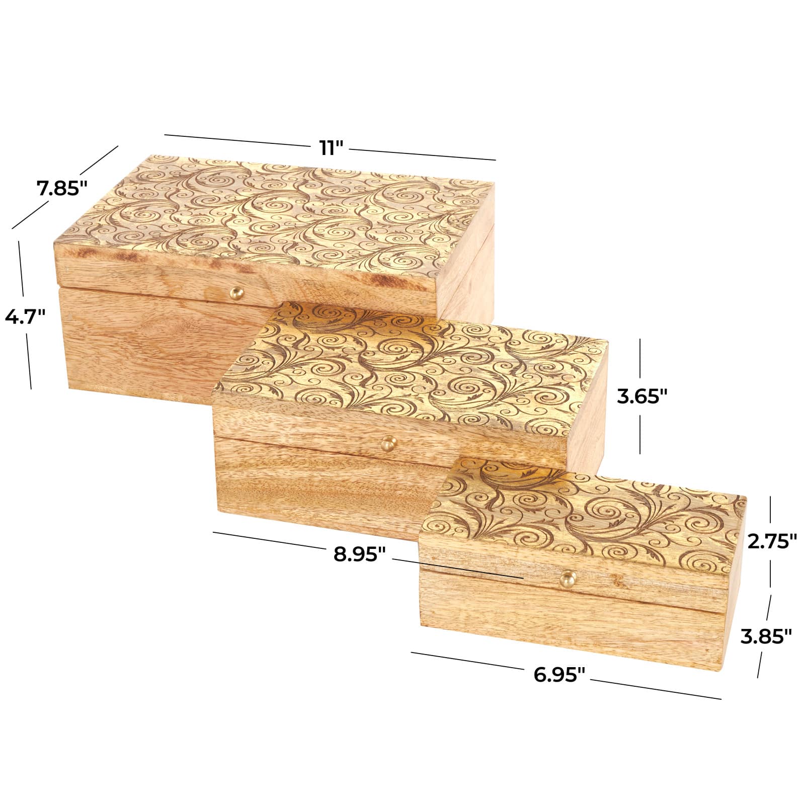 Brown & Gold Mango Wood Scroll Storage Box Set