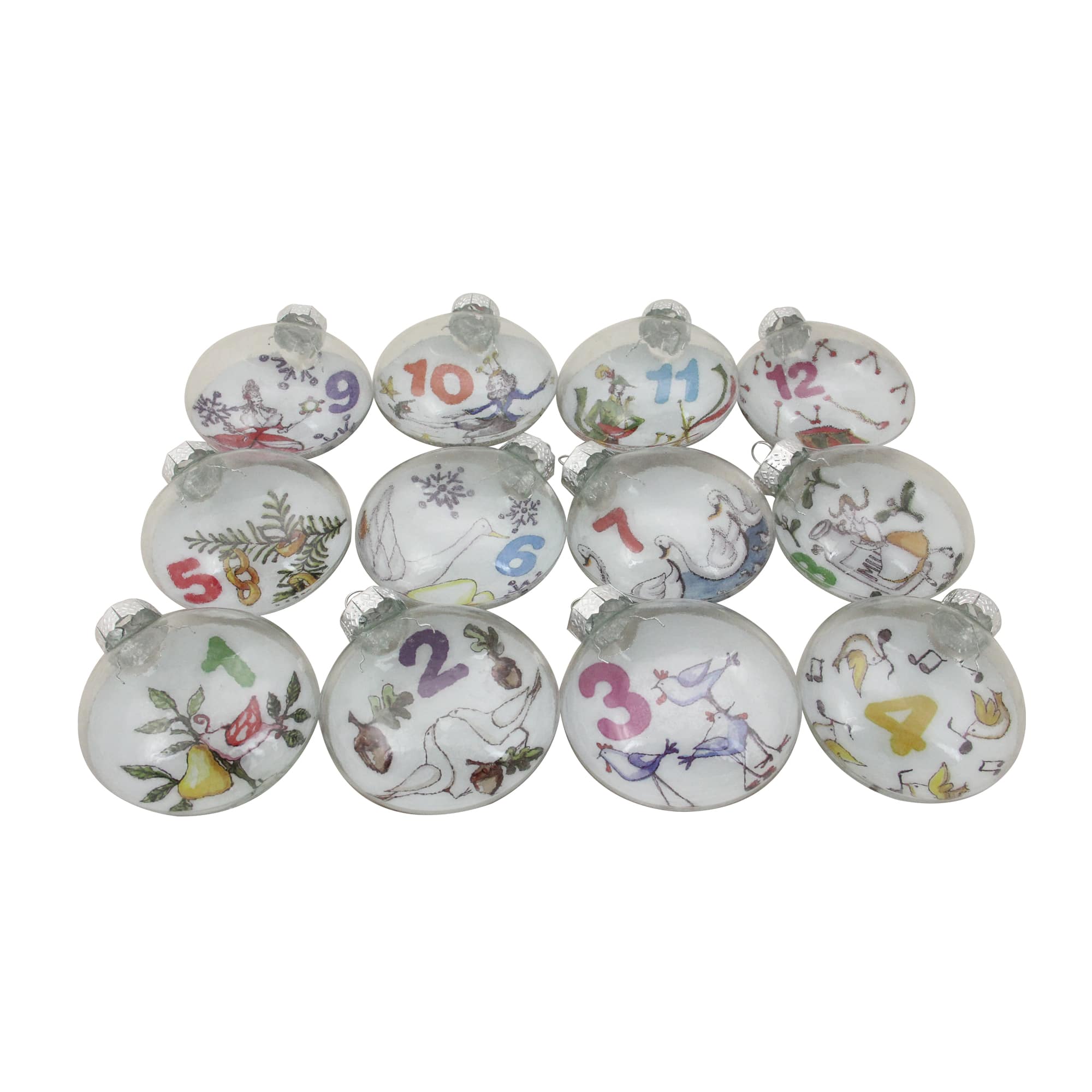 12ct. 3&#x22; Clear Twelve Days of Christmas Glass Disc Ornaments